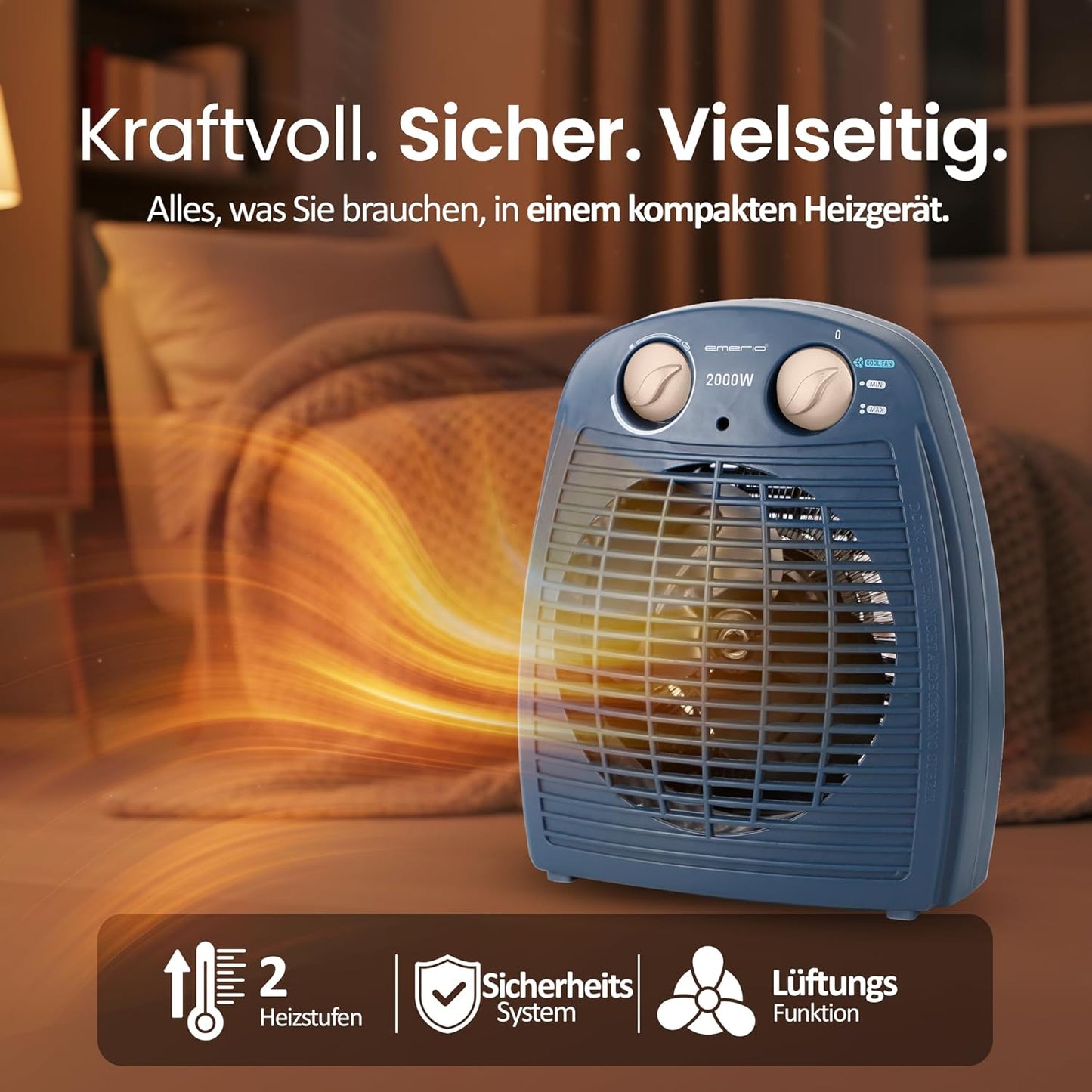 Heizlüfter mit Thermostat & Ventilatorfunktion, Blau