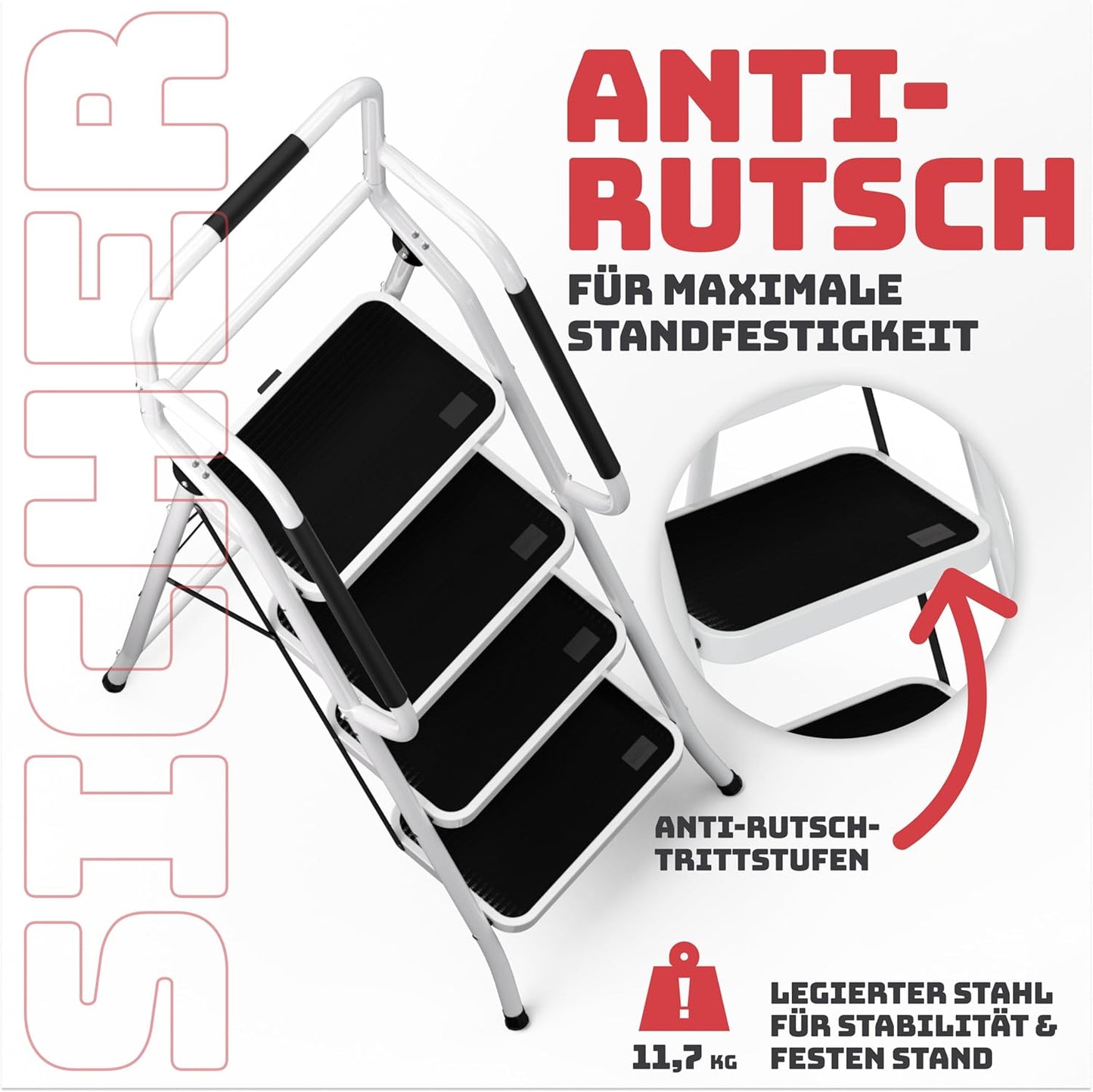 Klappbare Sicherheitsleiter, 4 Stufen mit Handlauf Weiss