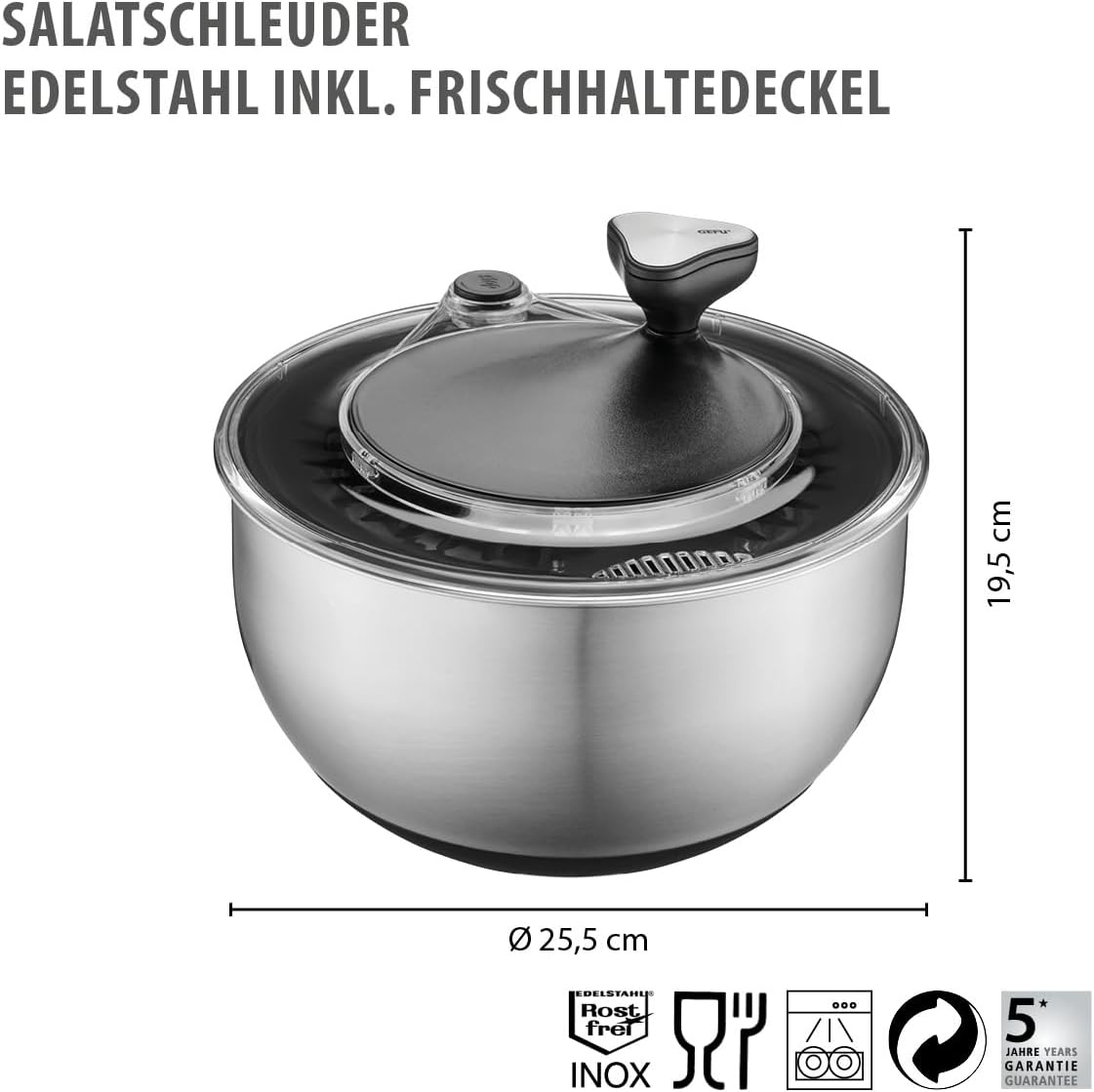 Salatschleuder mit Kurbelantrieb, 4,5l & Deckel Edelstahl/Schwarz + Frischhaltedeckel