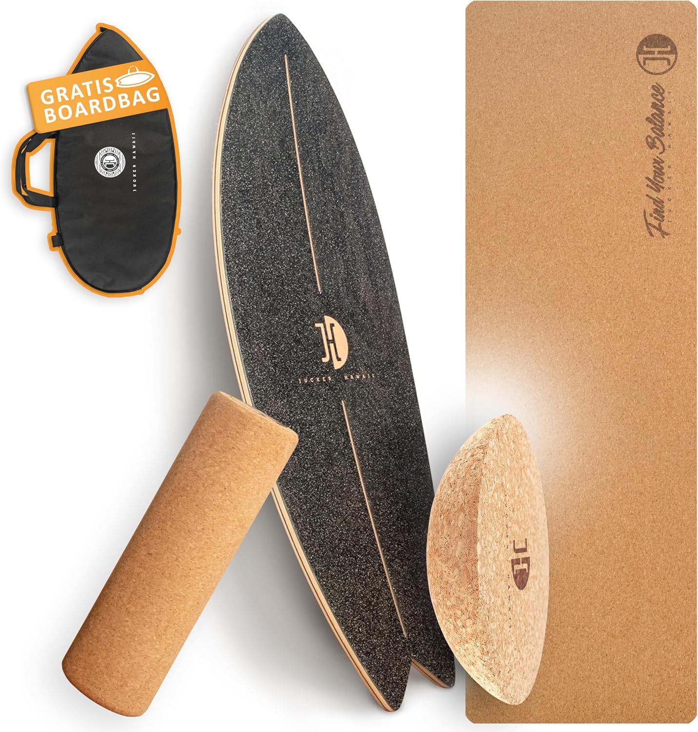 Balance Board Set mit Zubehör, Schwarz + Rolle + Korkhalbkugel + Matte