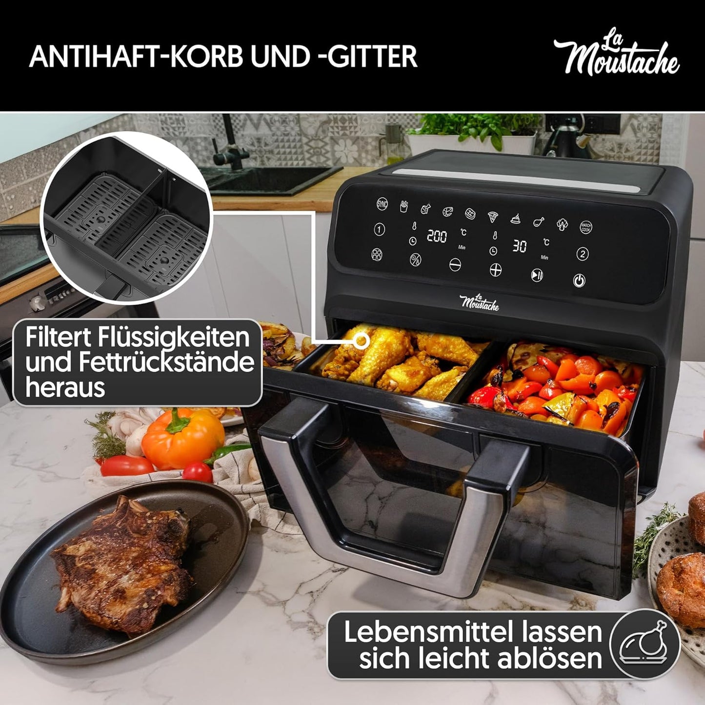 Heissluftfritteuse mit Antihaftbeschichtung, 9L Schwarz - Twinfry