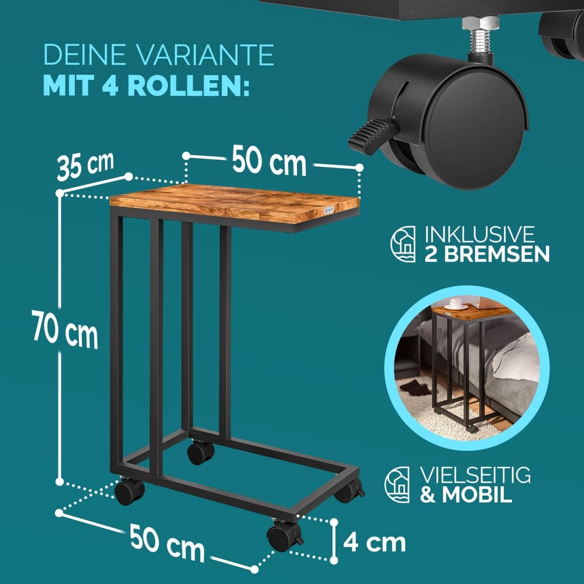 Beistelltisch-Set mit Rollen, 2x Schwarz/Braun
