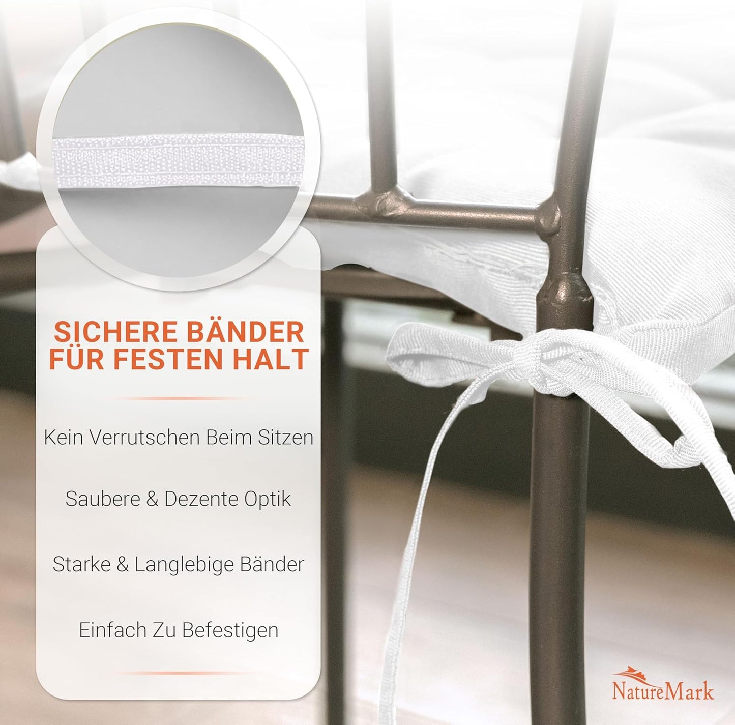 4er Set Stuhlkissen mit Bändern (40x40 cm), 4 Stück (1er Pack) Weiss