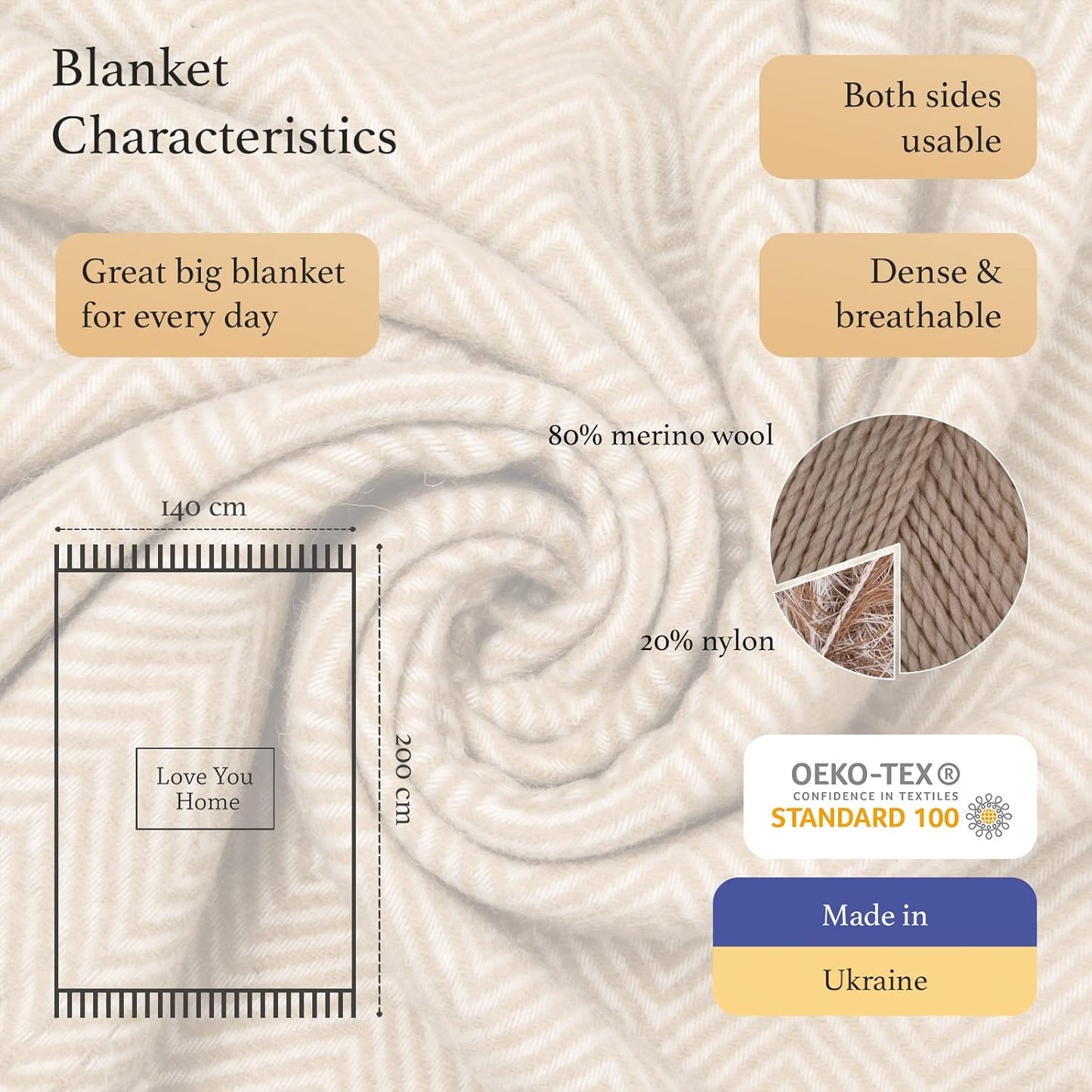 Kuscheldecke (140x200 cm), Beige mit Weiss Chevron