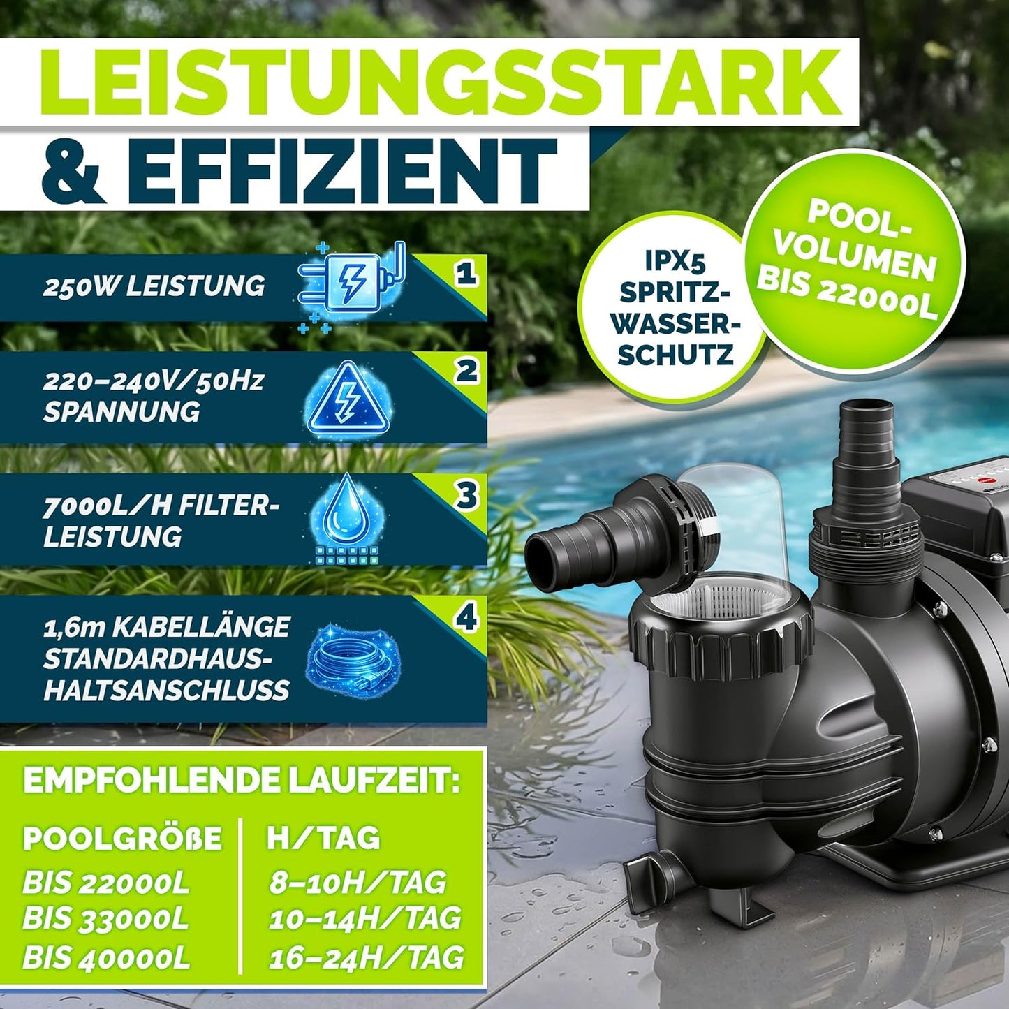 Selbstansaugende Poolpumpe mit Timer, Mit Timer 7.000 L/h - bis 22 m³ Pools