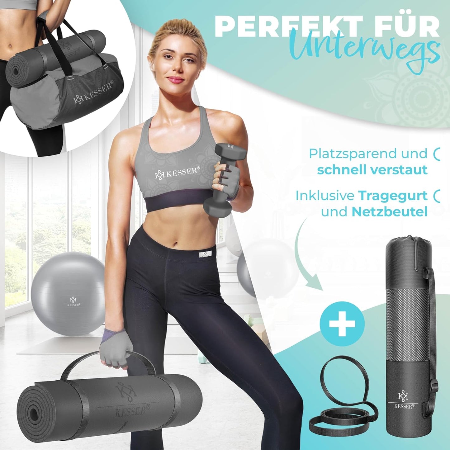 Gymnastik- und Yogamatte, rutschfest mit Tragegurt, Anthrazit / Anthrazit