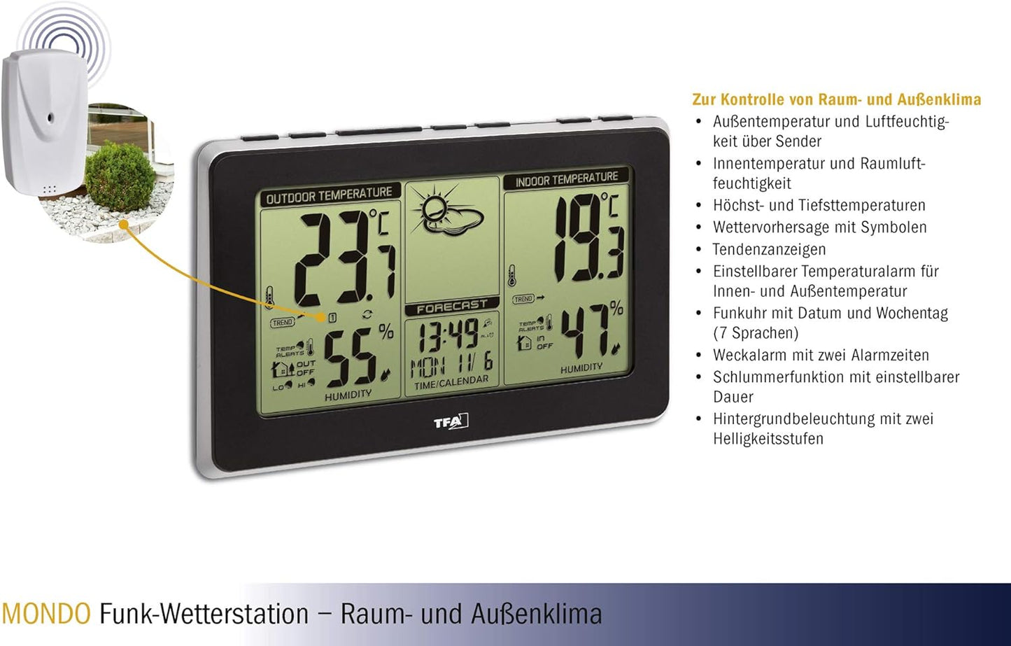 Mondo Funk-Wetterstation mit Aussensensor, Funkwetterstation
