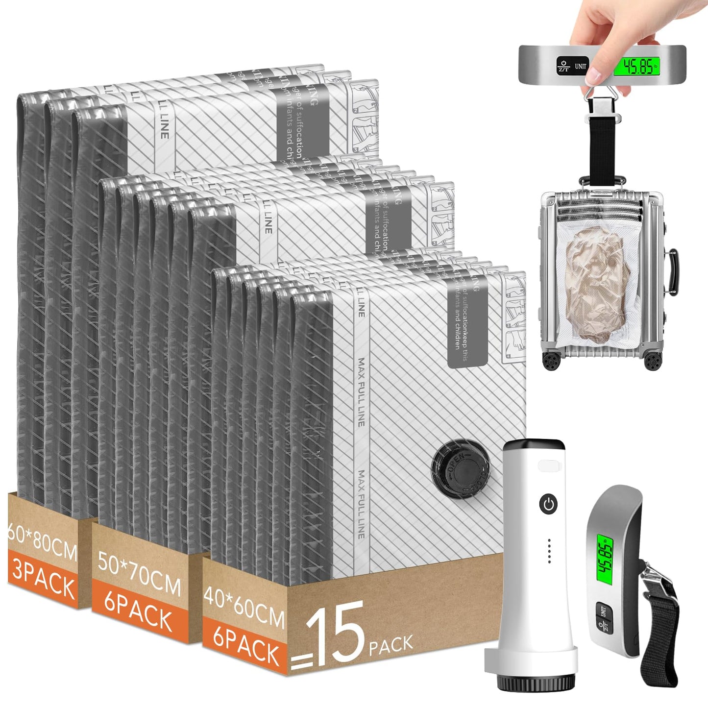15-teiliges Vakuumbeutel-Set mit Pumpe und Kofferwaage, 15-PACK