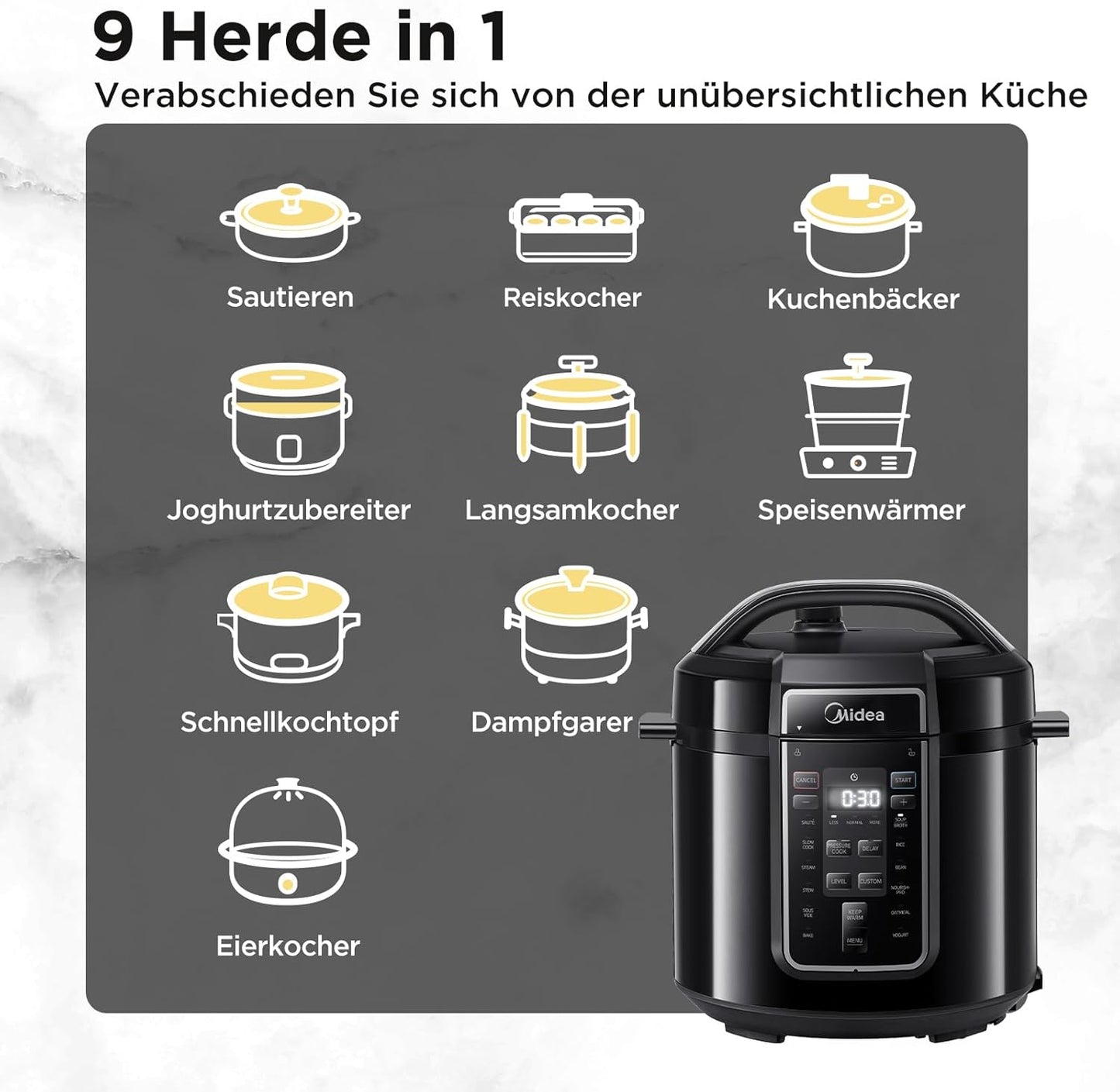 Elektrischer 9-in-1 Multikocher mit 14 Funktionen, 6 Liter ; Schwarz