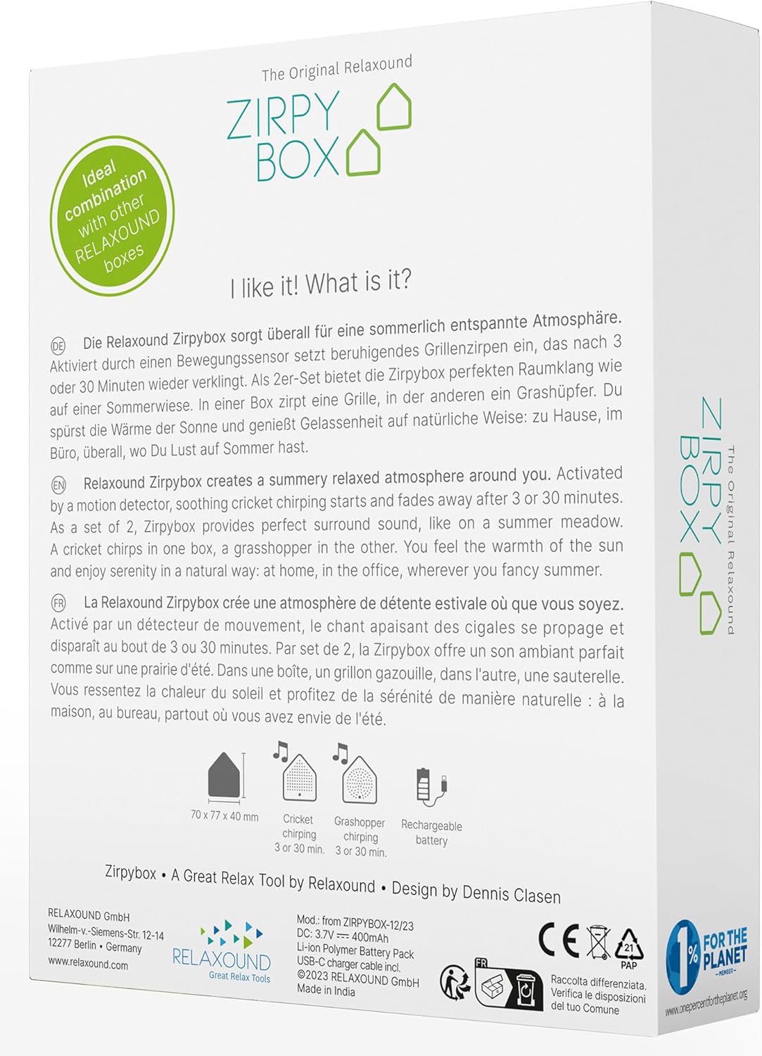 Zirpybox Soundbox (ZB), Weiß B: 70mm H:77mm T:40mm