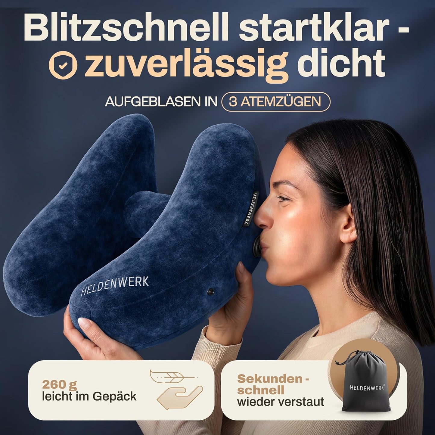 Aufblasbares Nackenkissen mit abnehmbarer Kapuze, Grösse L, Navy Blue Gross - passt den meisten