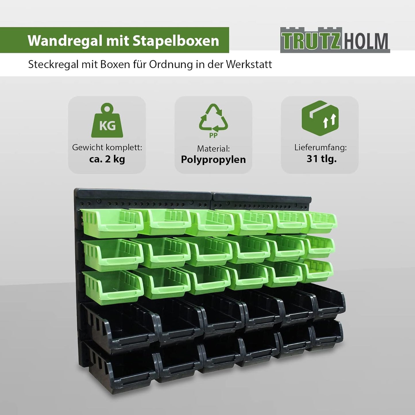 Stapelboxen mit Wandregal, Grün