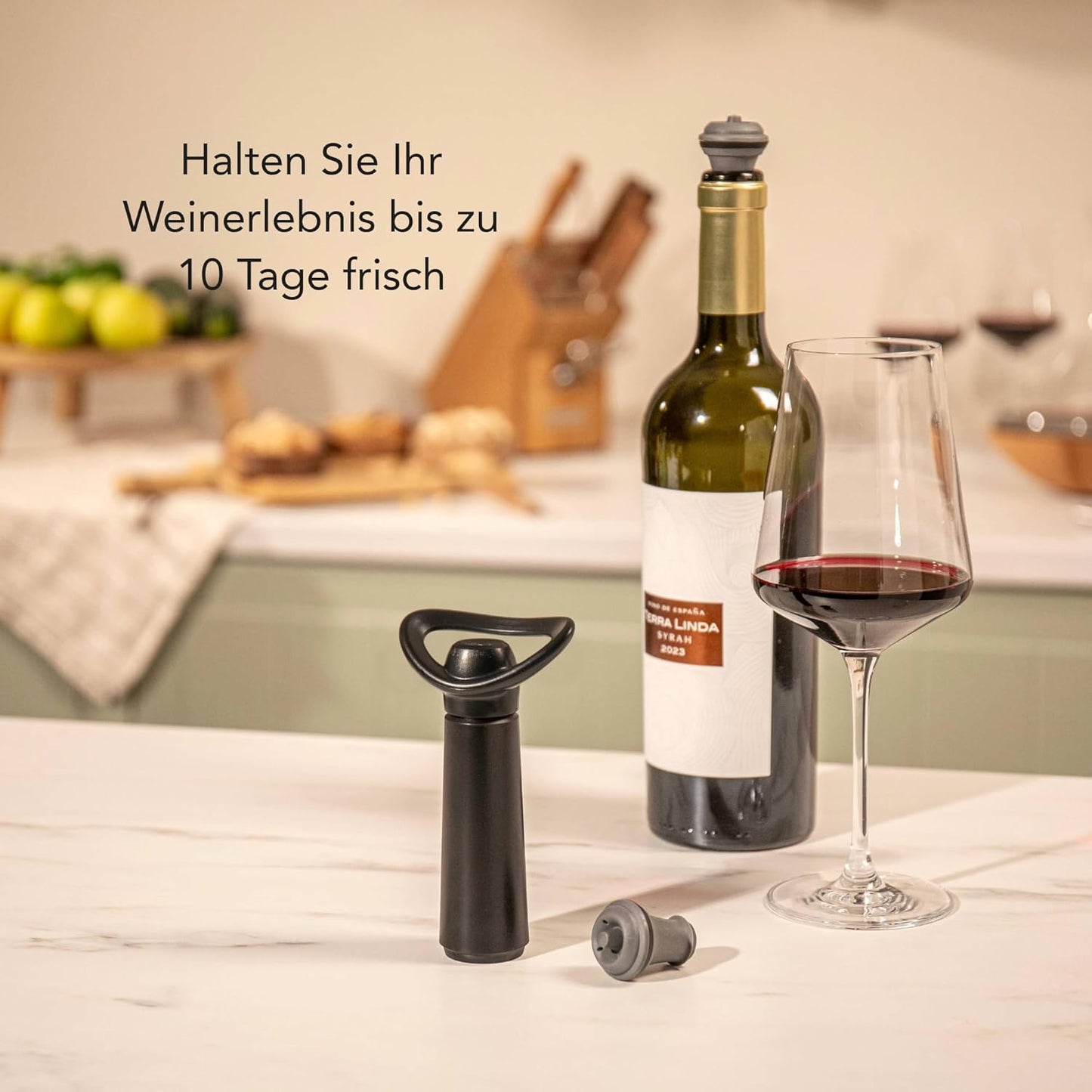 Weinpumpe Concerto mit Stopper-Set mit Pumpe und Stopfen, 1 Pumpe 4 Stopfen Schwarz