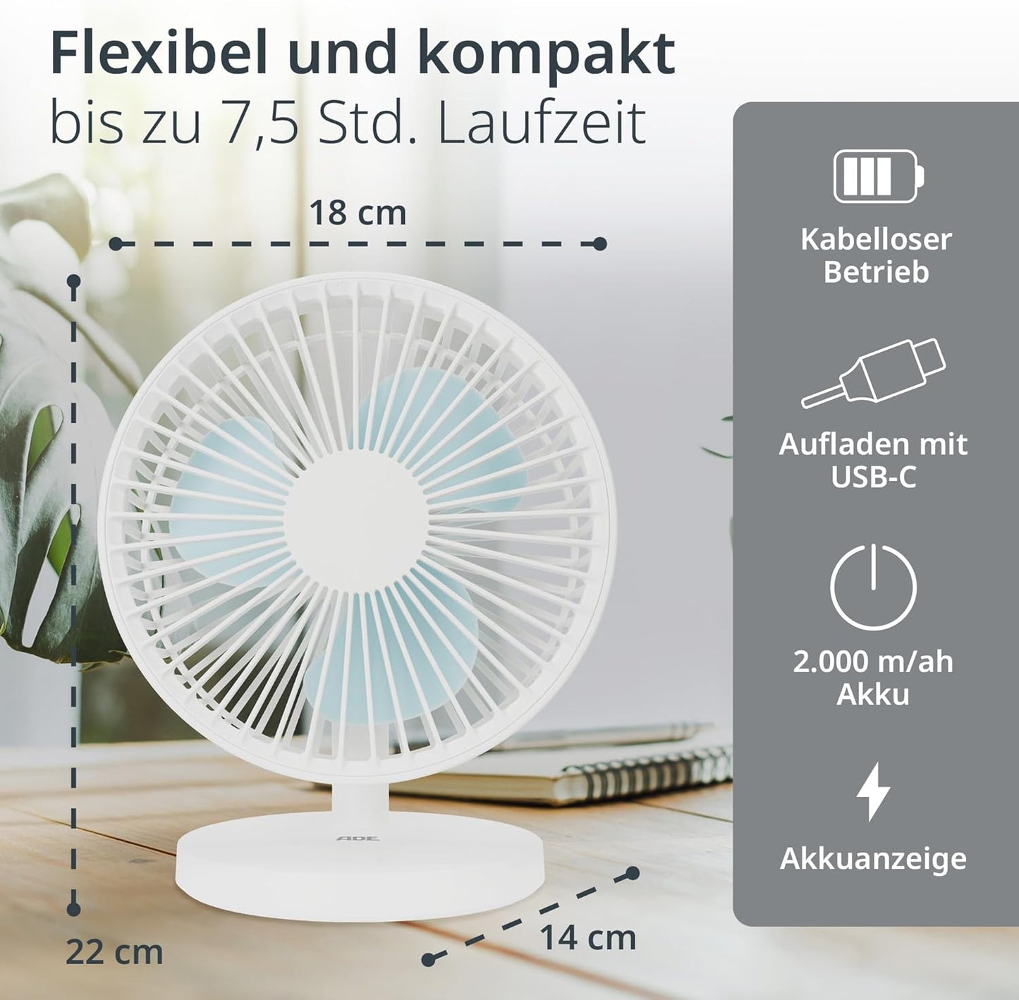 USB-Tischventilator mit Akku und 3 Stufen, Weiss