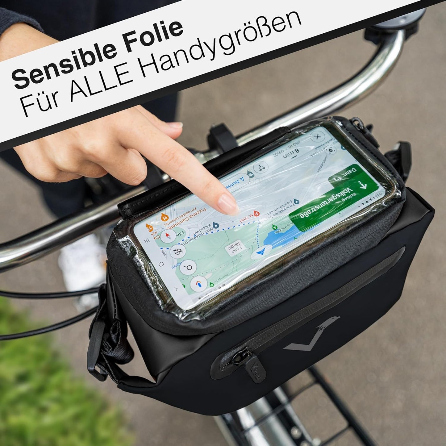 Wasserfeste Lenkertasche mit Handyfach, Schwarz Adapter