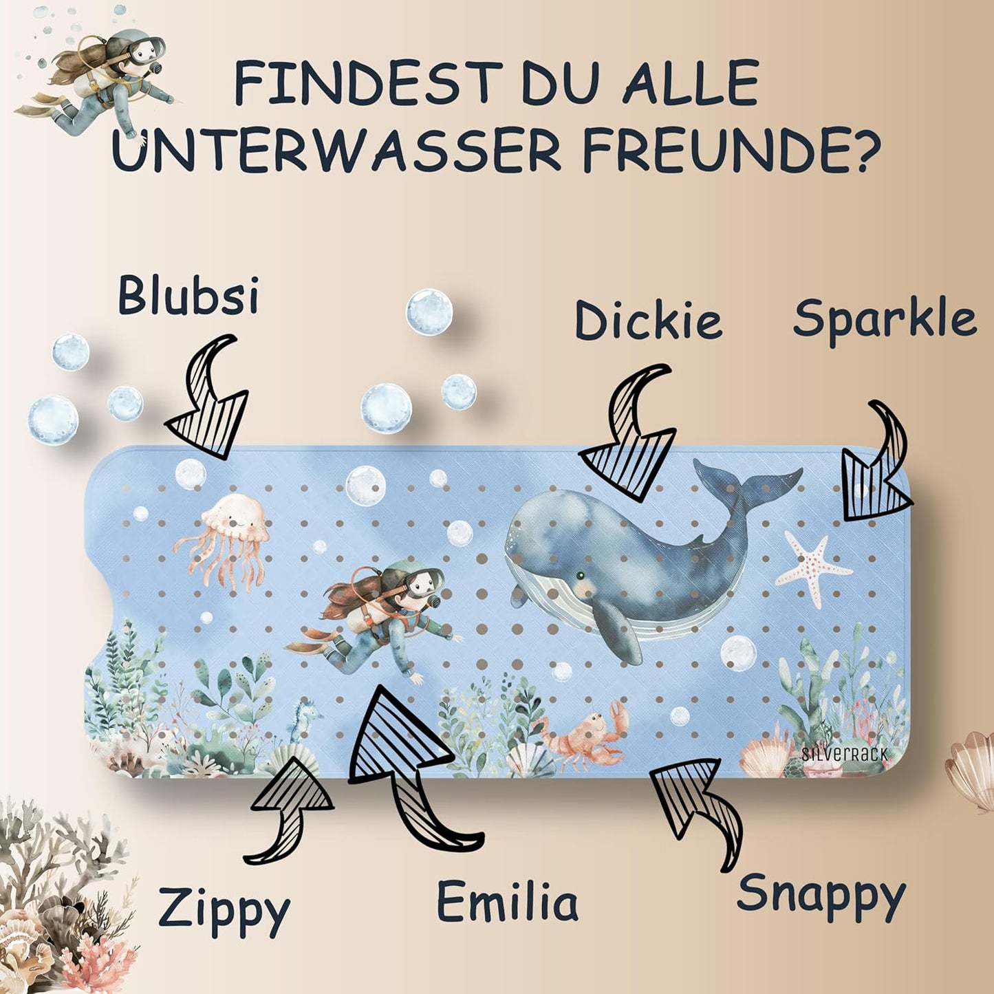 Rutschfeste Badewannenmatte für Kinder, 100 x 40 cm (Rechteckig) Wal Unterwasserwelt Blau