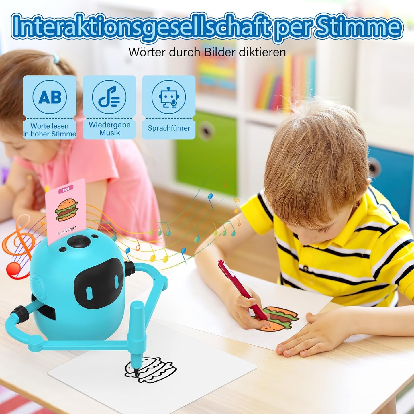 Zeichenroboter mit 100 Karten & Stift, Blau