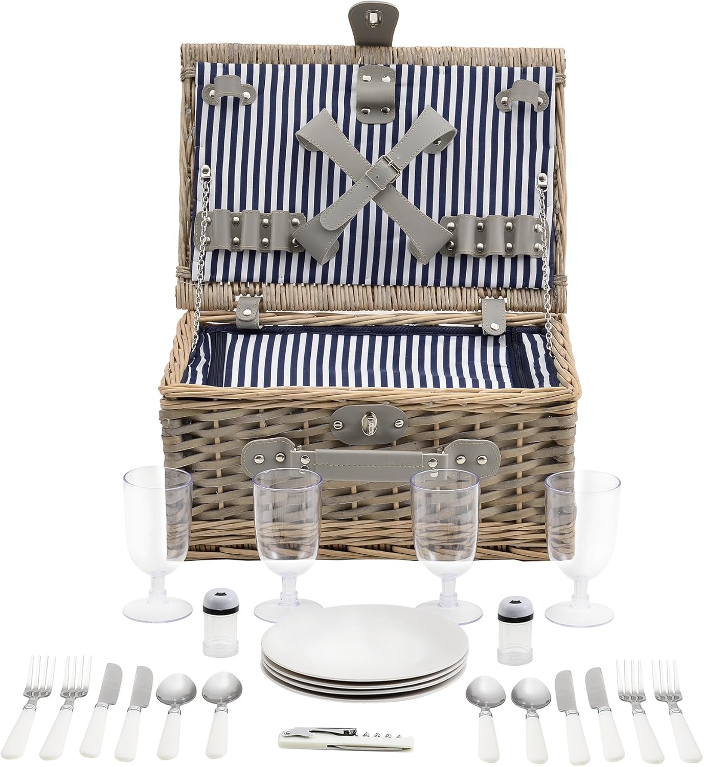 Lysaker - Picknickkorb-Set für 4 Personen mit Kühltasche, Blau-weiss 40 x 28 x 19 cm