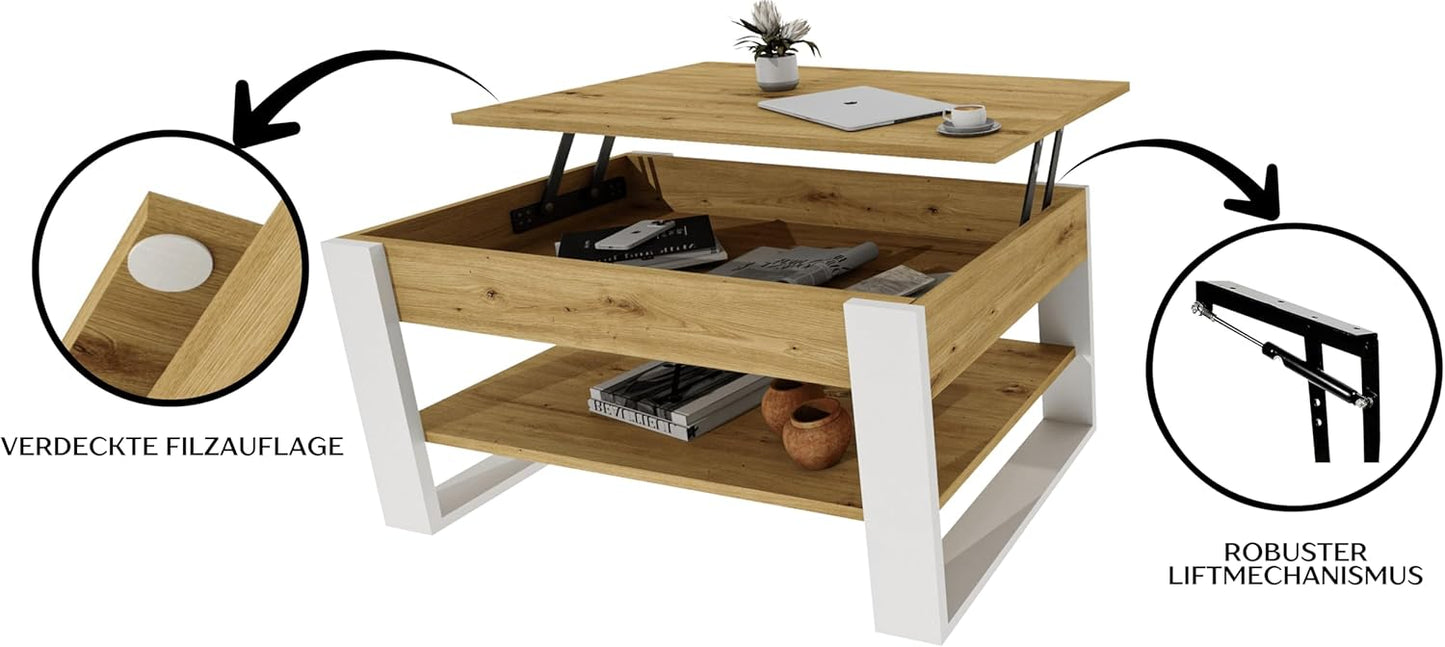 Höhenverstellbarer Couchtisch mit Stauraum, Eiche Artisan / Weiss