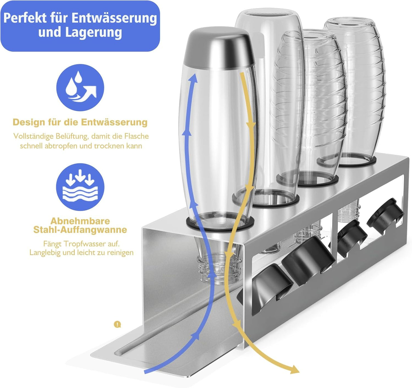 Flaschenhalter Abtropfgestell für SodaStream/Emil Flaschen, Silber 4-Loch