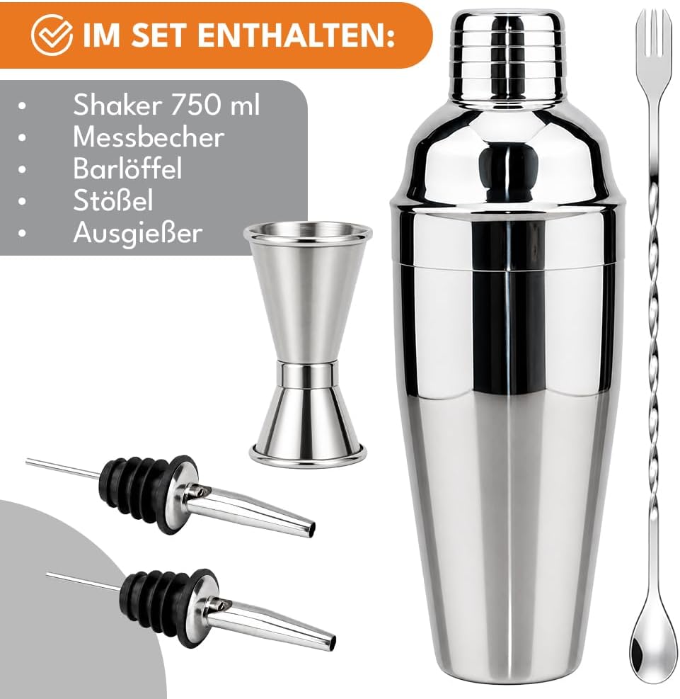 6-teiliges Cocktail Shaker Set mit Messbecher