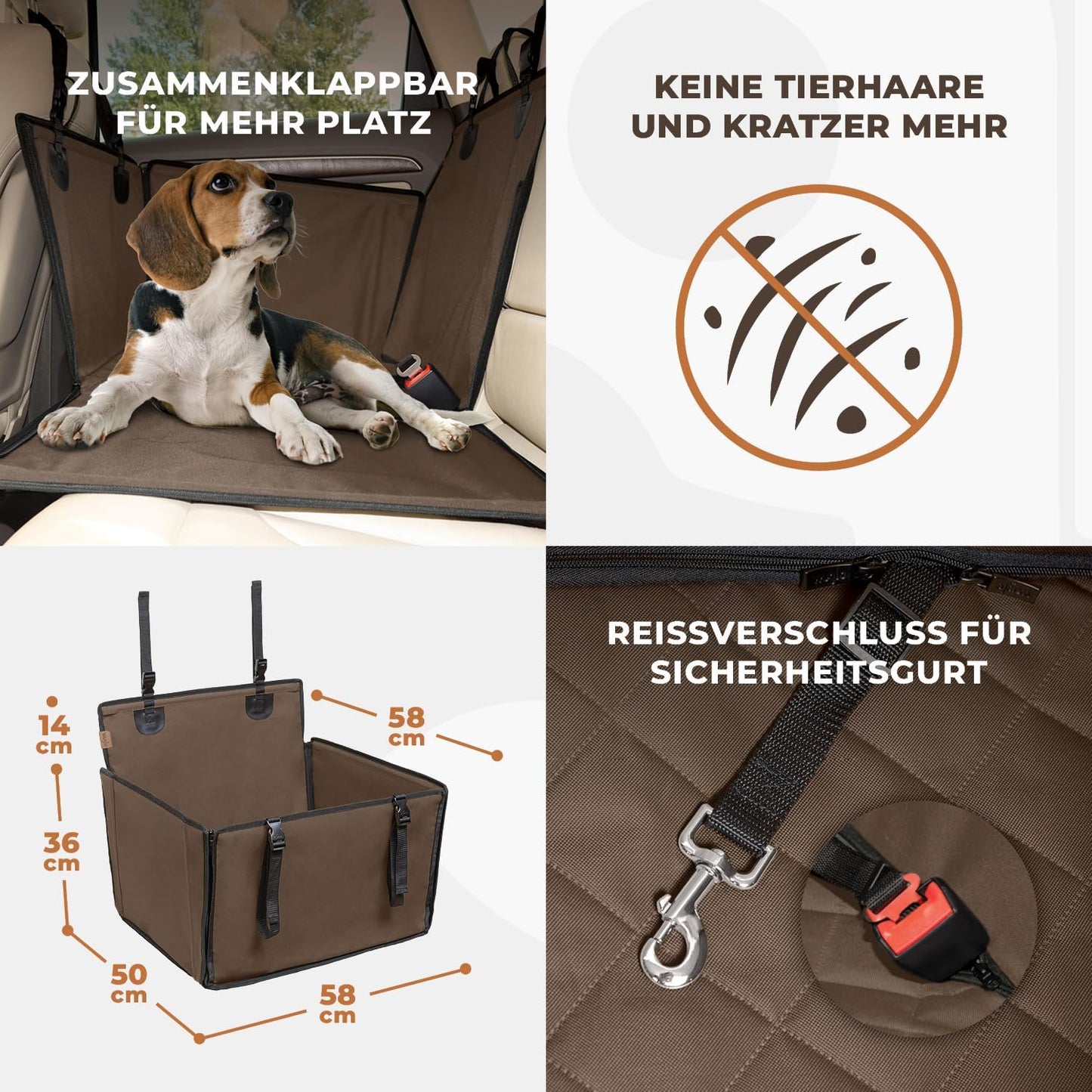 Hundeautositz mit 4 Befestigungsgurten, wasserdicht, M Braun