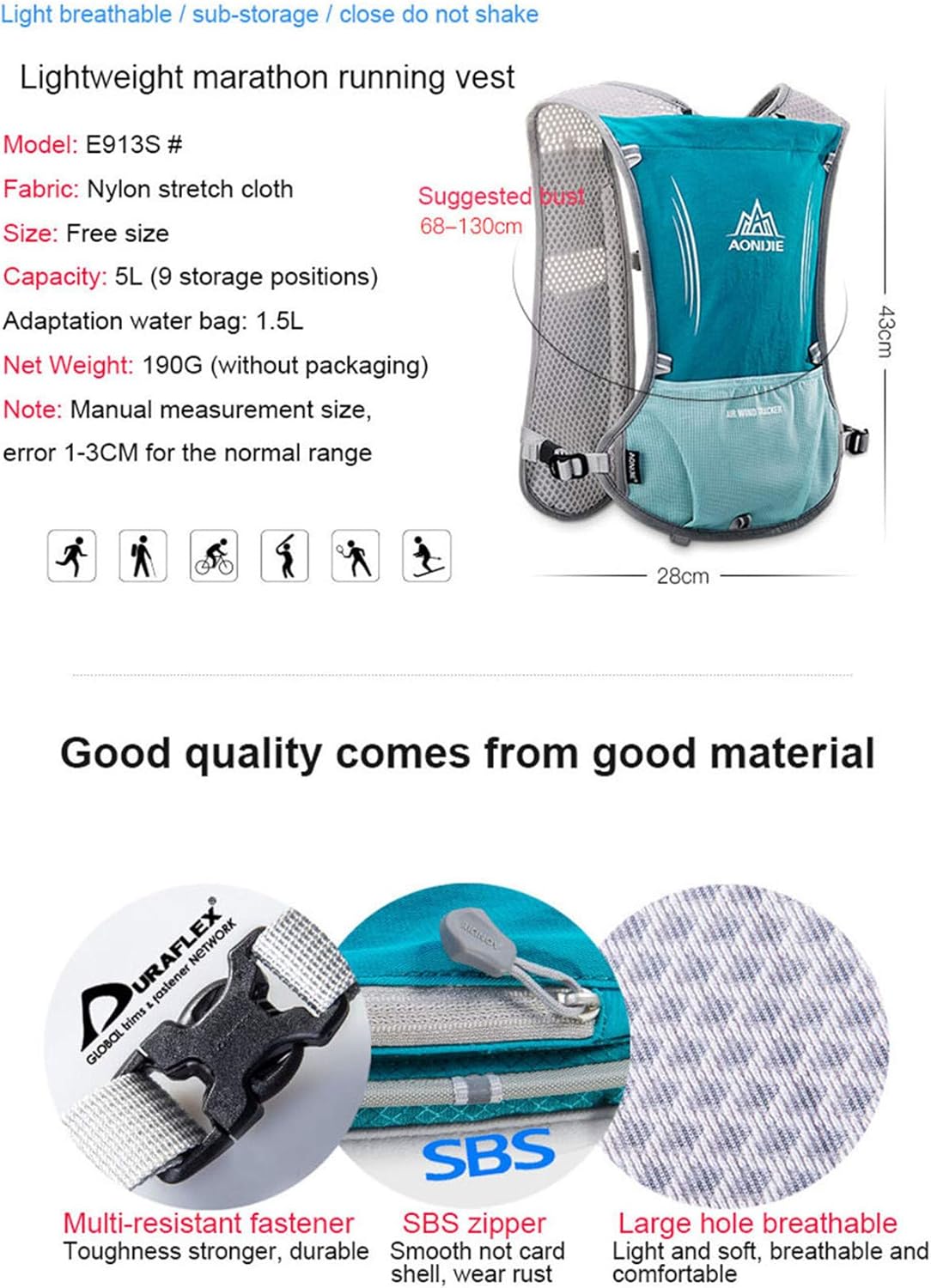 Ultraleicht Trinkrucksack mit Trinkblase, Hellblau mit 1.5L Waterblase