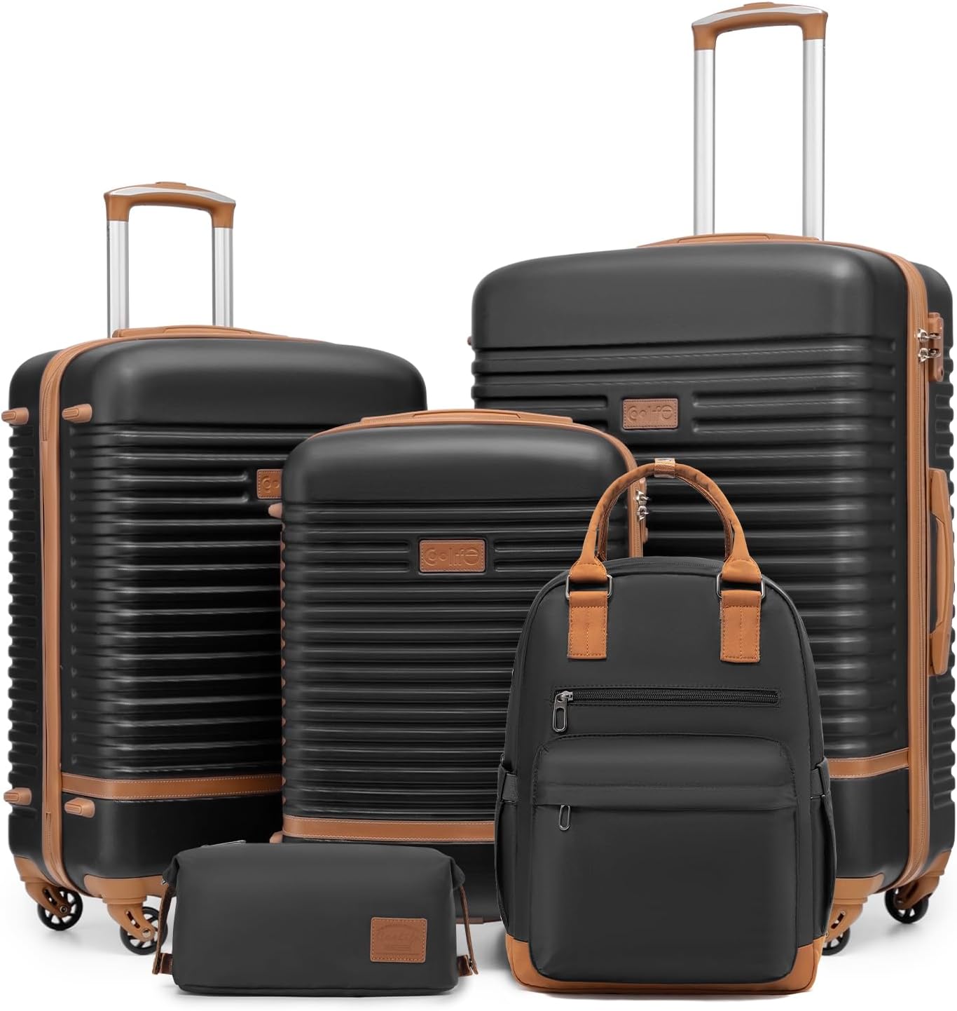 5-teiliges Trolley-Set mit Reiserucksack und Kulturbeutel, Koffer-Set 5tlg / Schwarz/Braun