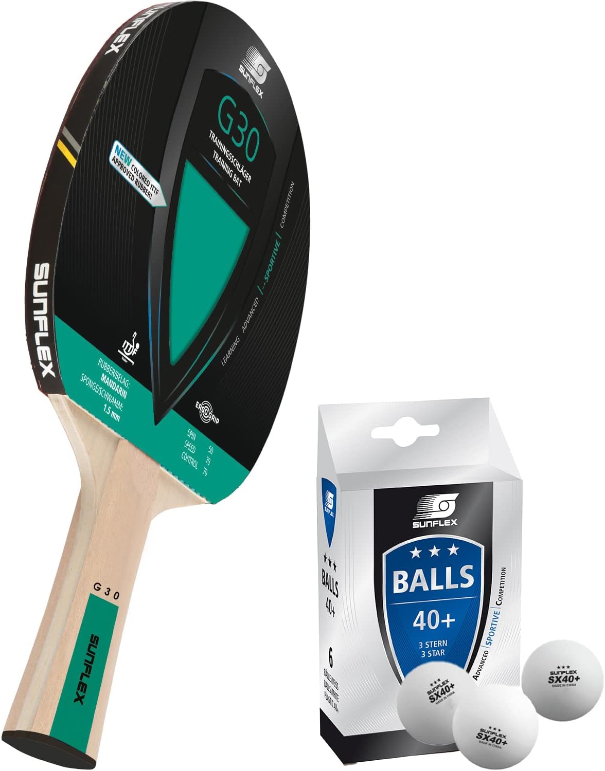 Tischtennisschläger G30 mit ITTF-zertifiziertem Belag, Bundle mit 3 Bälle