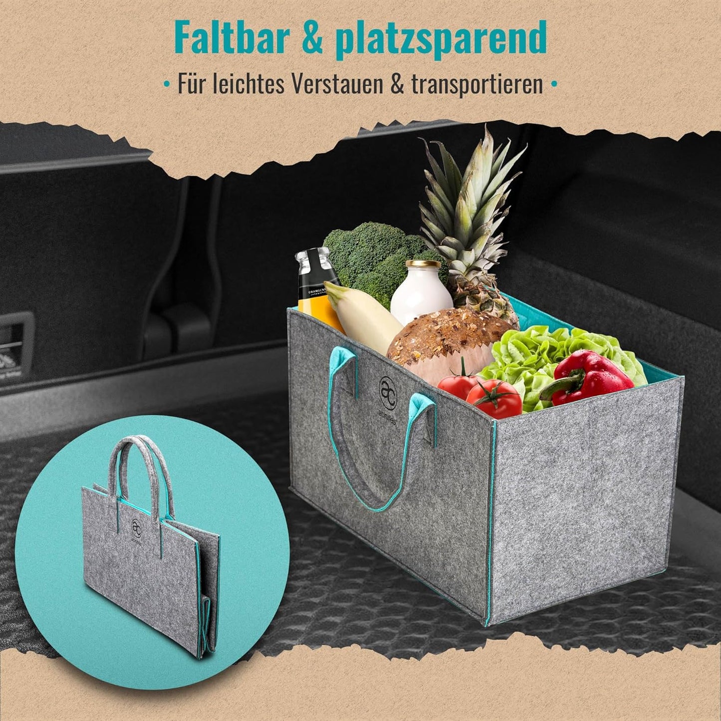 Filzkorb mit Faltfunktion, Grau / Türkis, 40x25x23cm