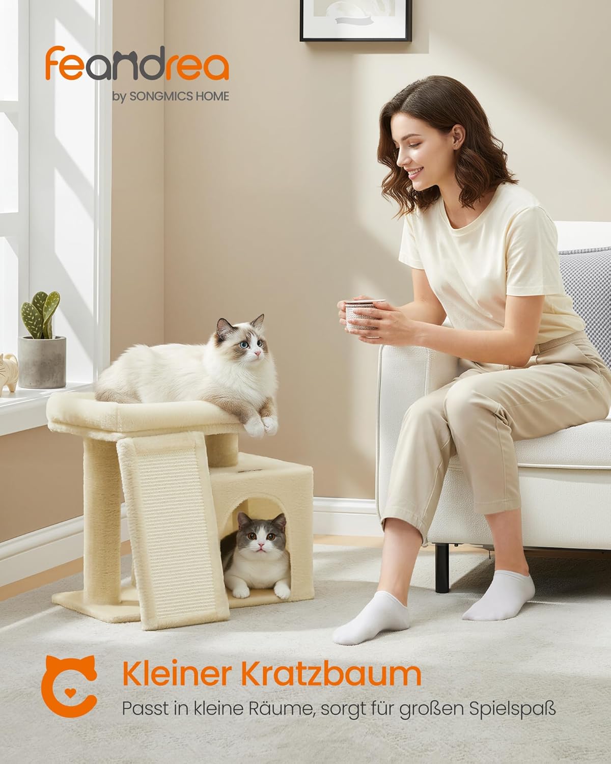 Katzenkratzbaum mit Plattform und Höhle (46,4 cm), sandbeige S (51 x 39,2 x 46,4 cm)
