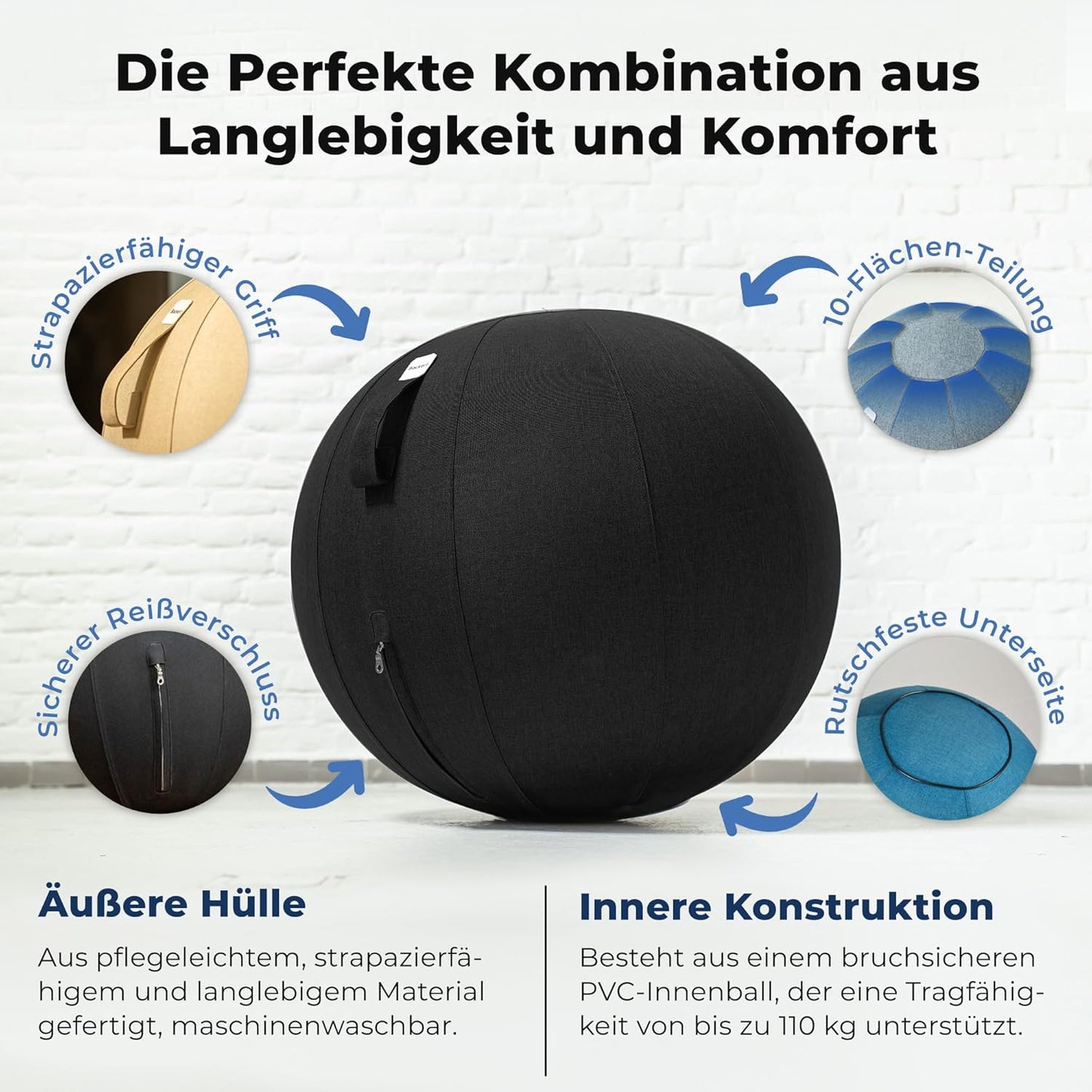 Ergonomischer Sitzball, 75 cm Schwarz