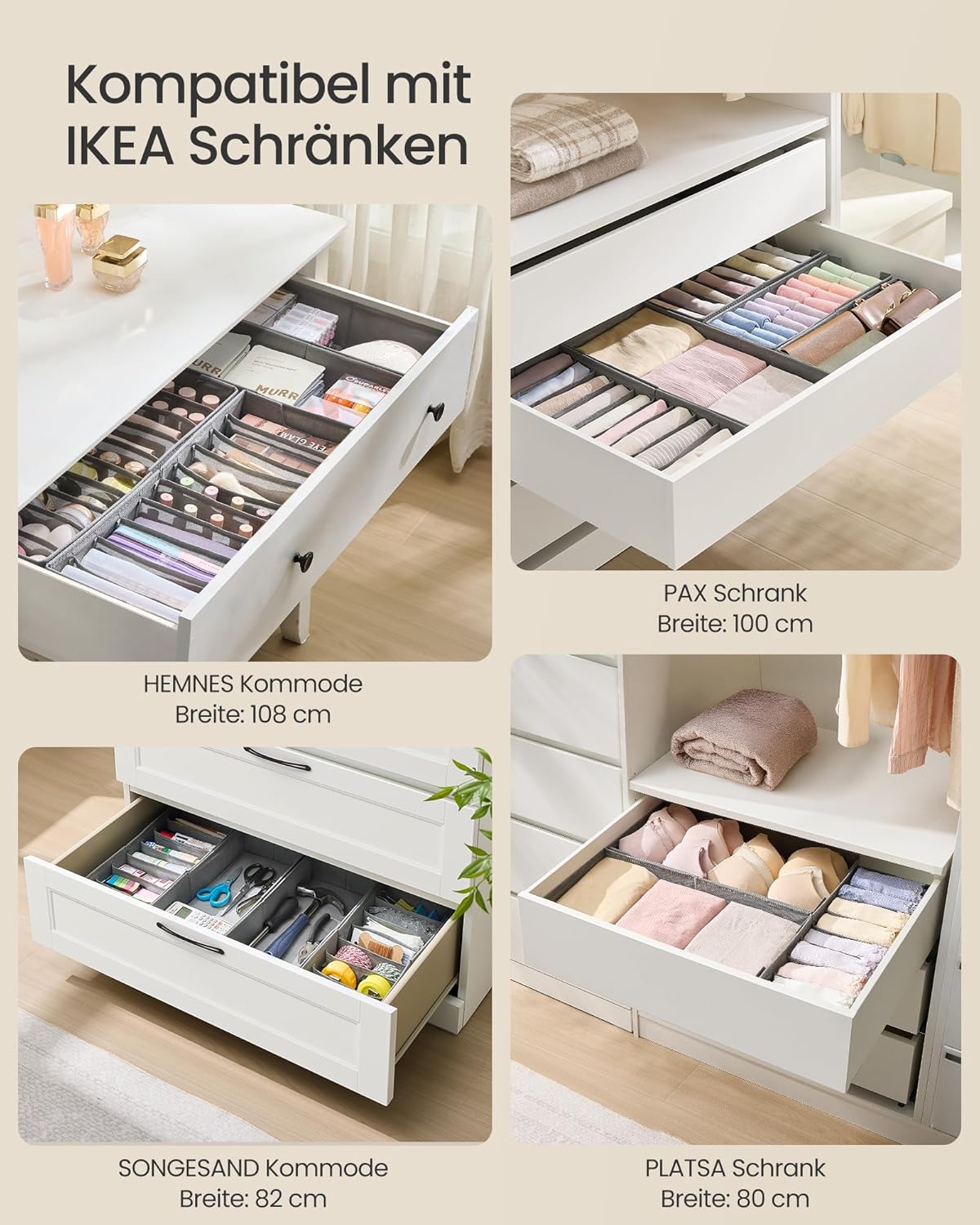4-teiliges Unterwäsche-Organizer-Set für Schubladen, 50T x 22B cm ohne Trennwände