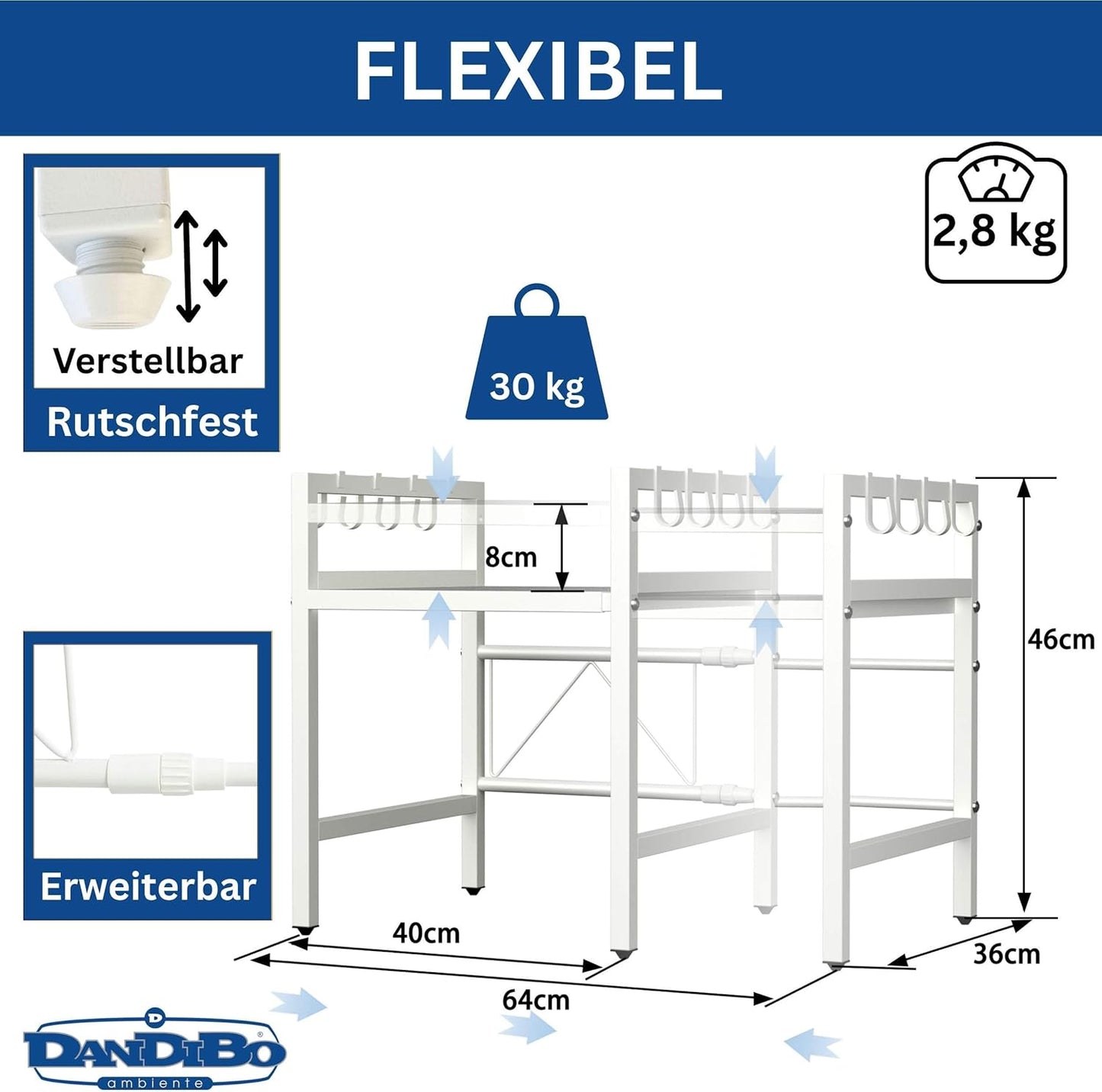 Verstellbares Mikrowellenregal 2-stufig, Weiss 2 Stufig / Höhe 46 cm