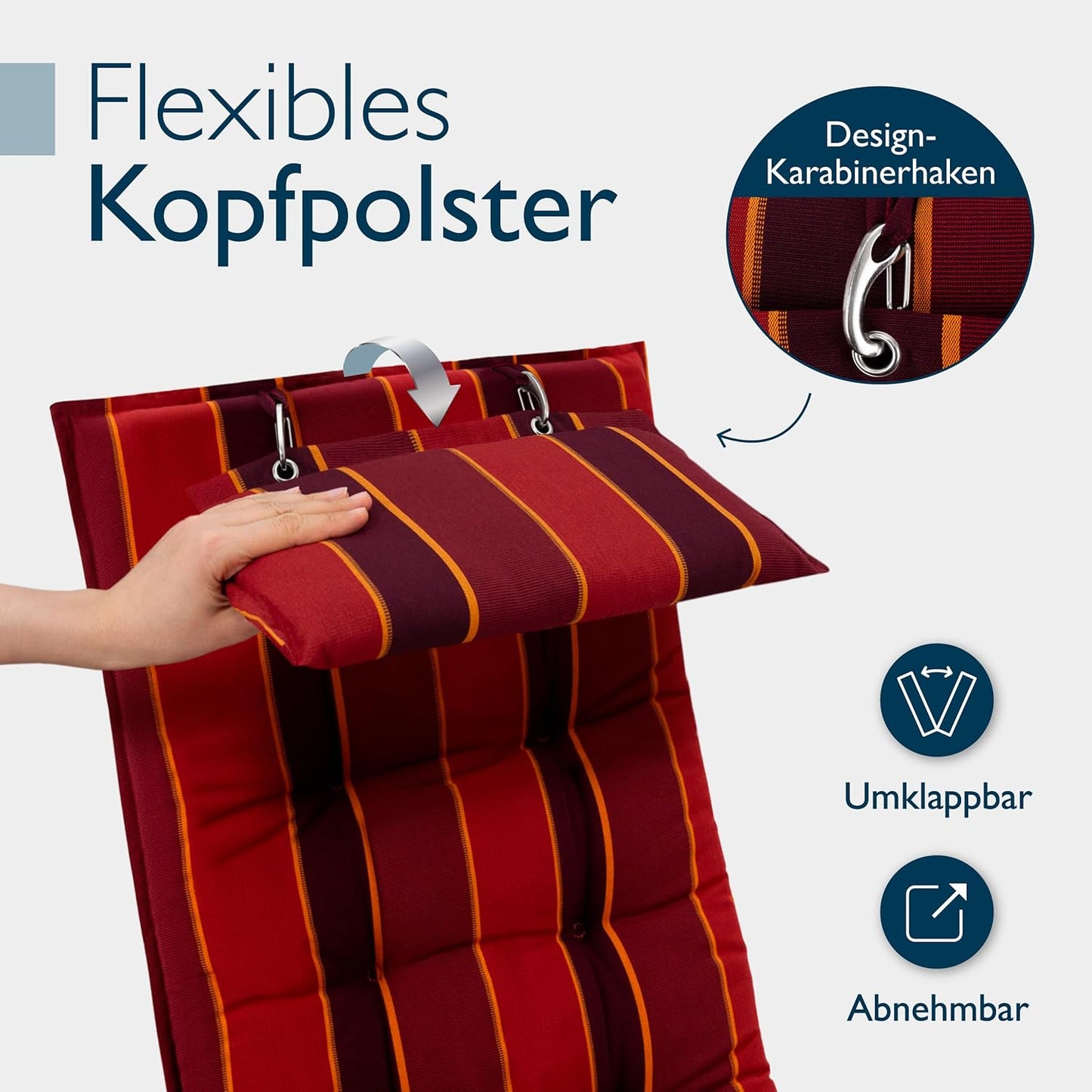 4-teiliges Hochlehner Auflagen-Set mit Kopfpolster, 4 Auflagen Rot Gestreift