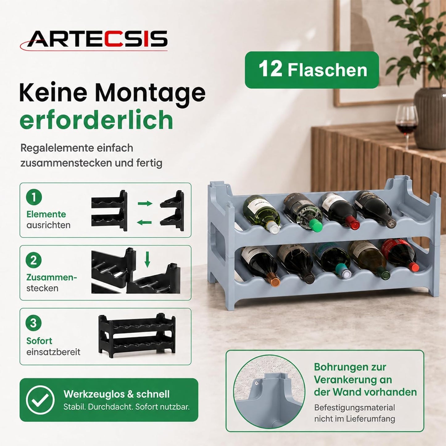 Weinregal für 12 Flaschen, Betongrau 12 Flaschen