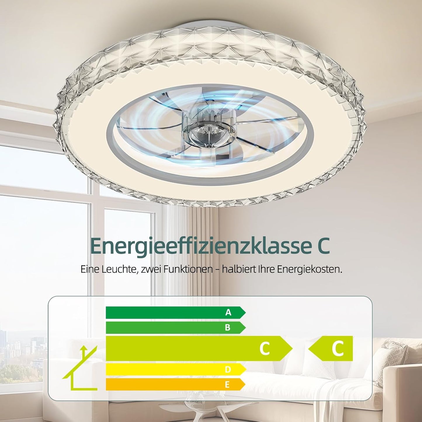 Dimmbarer Kristall-Deckenventilator mit Beleuchtung, Weiss 1 (3cct+rgb) 43.5 cm