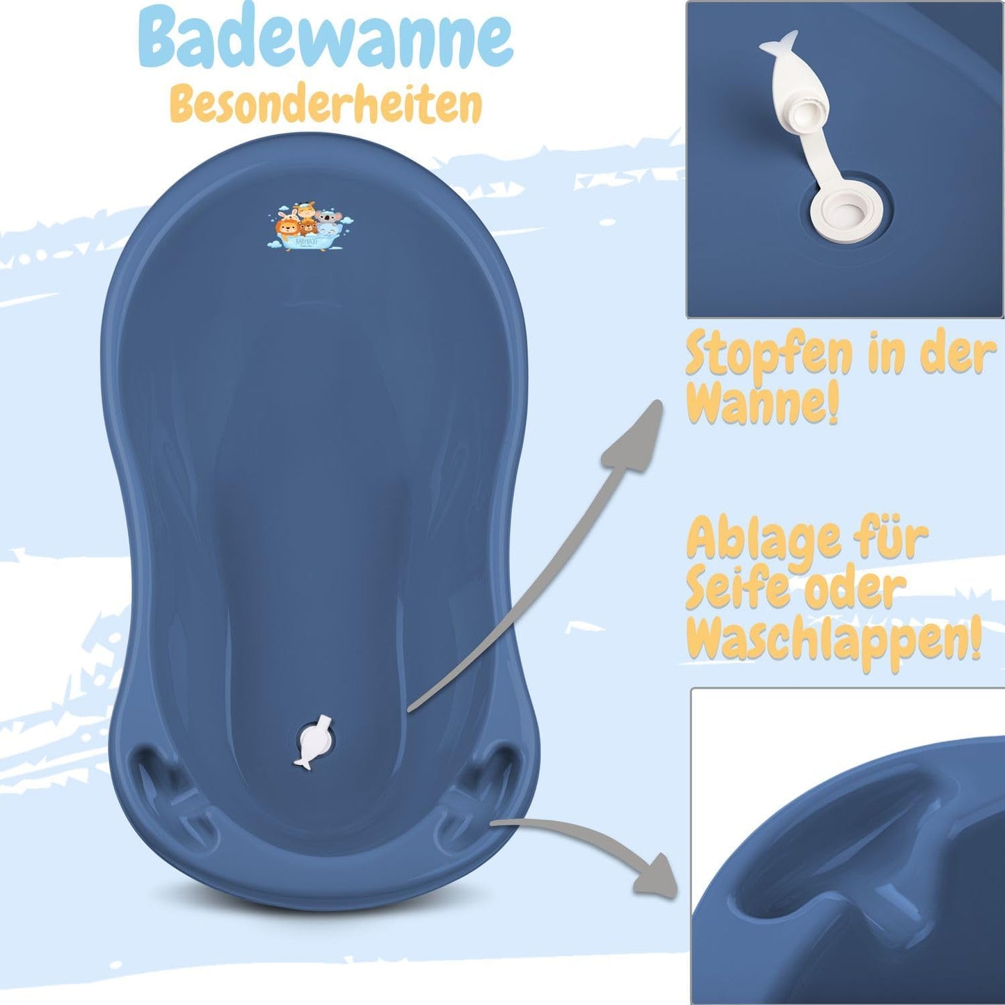 Babybadewannen-Set mit Gestell, 4 - Set Friends - dunkelblau