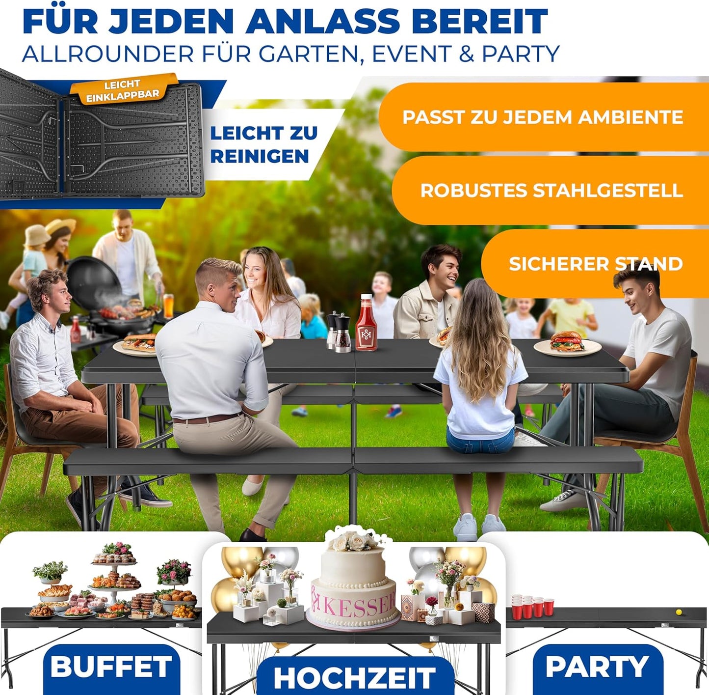 Klapptisch für Garten und Camping, Anthrazit