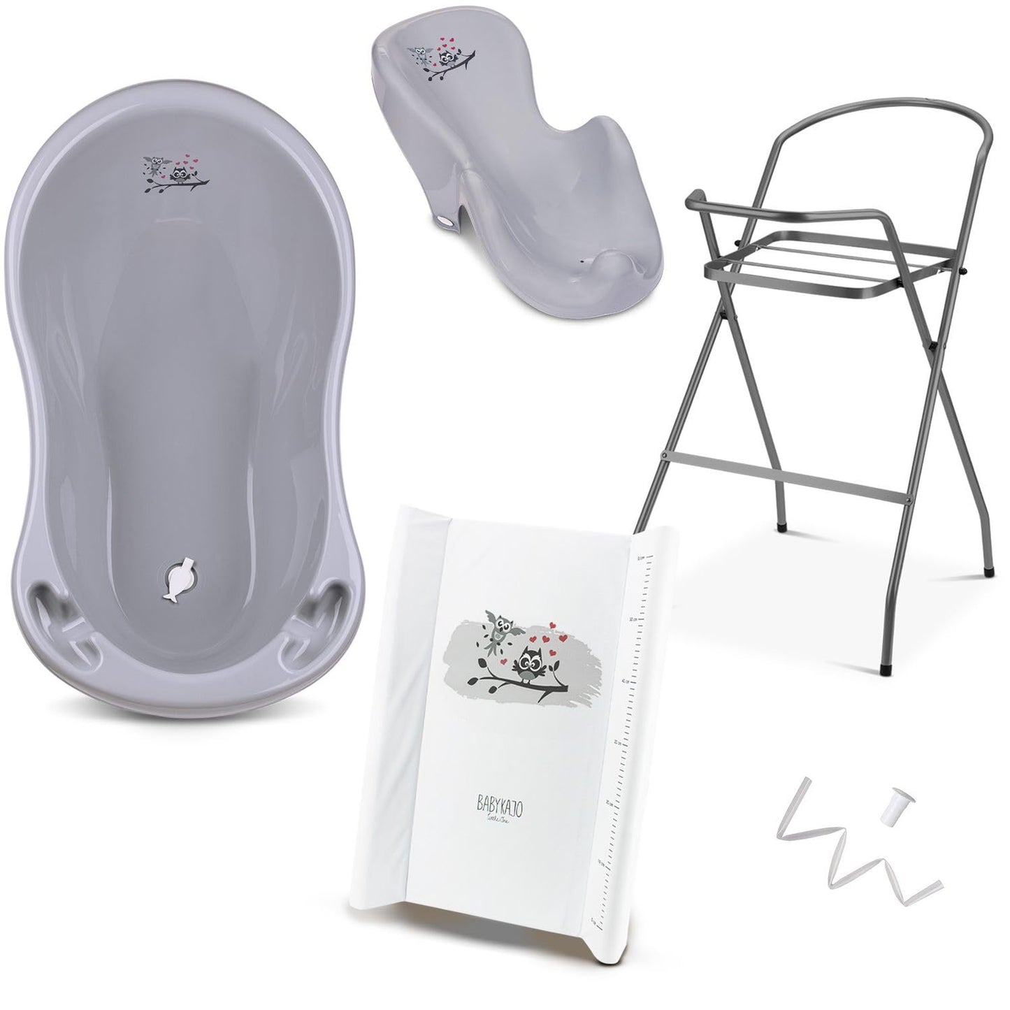 Babybadewannen-Set mit Ständer, 5 - Set Eule - grau