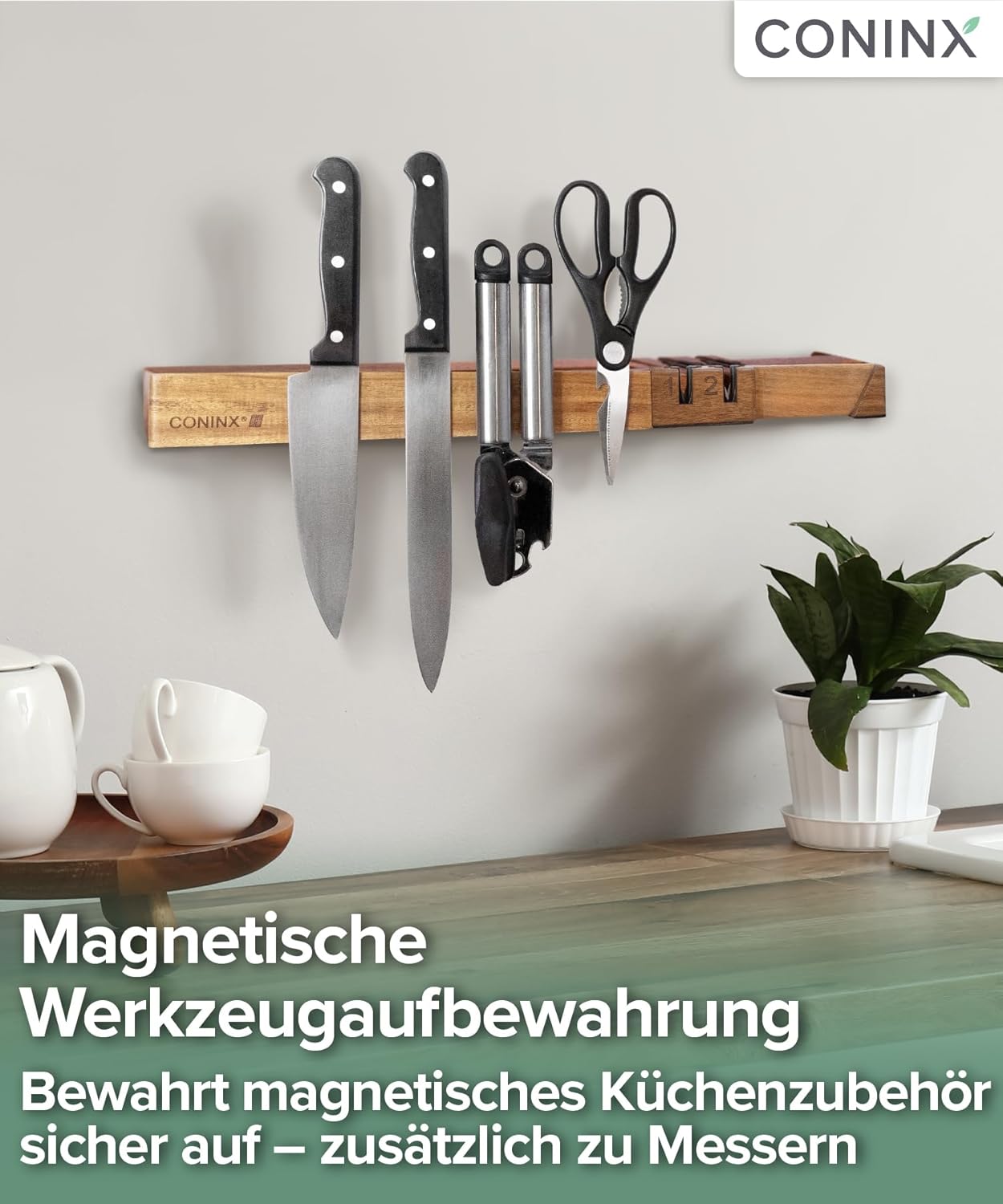 Magnetische Messerleiste mit Doppelschärfer, Akazien mit Schärfer
