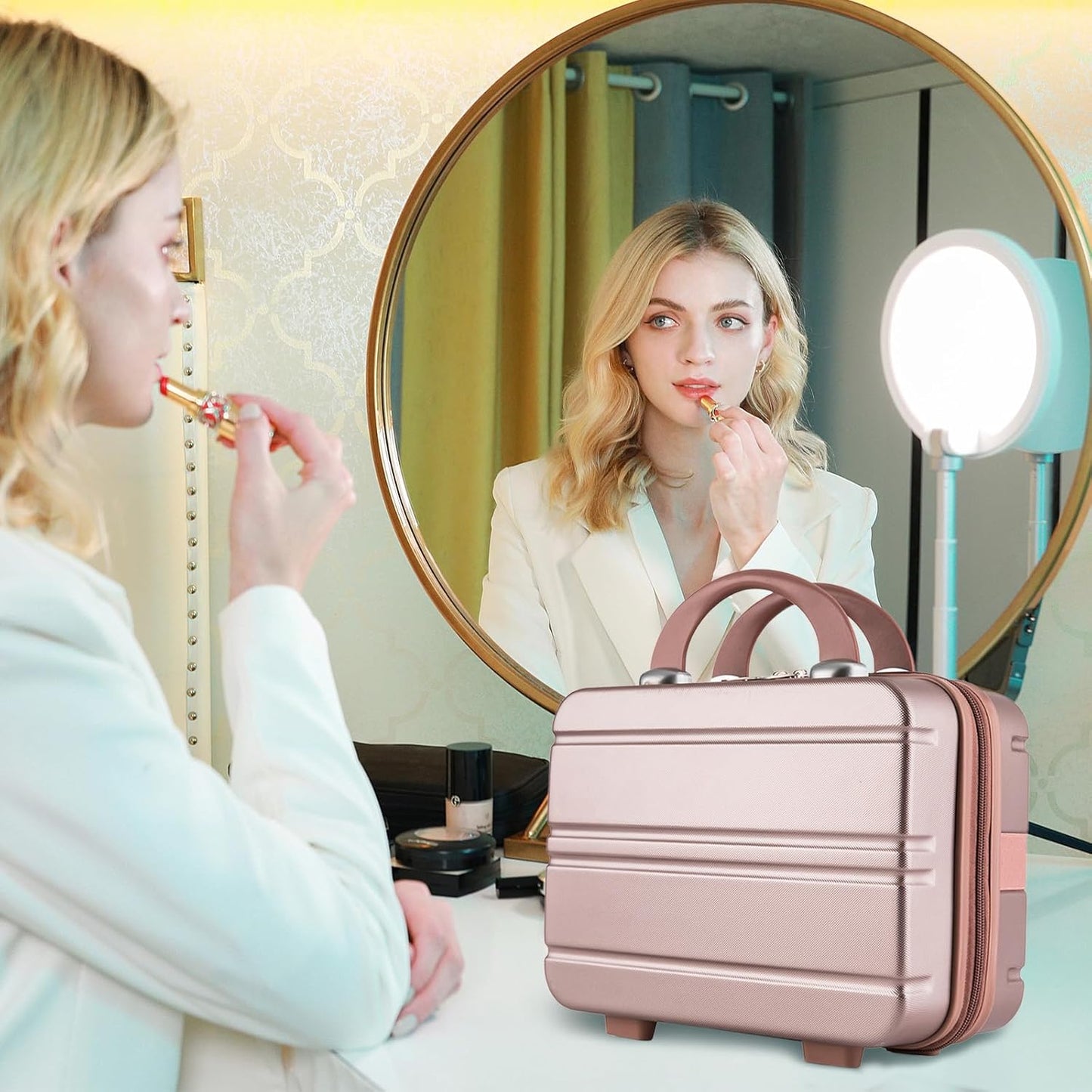 Hartschalen Kosmetikkoffer mit Gummiband und Reissverschluss, Elegante Farbe Roségold