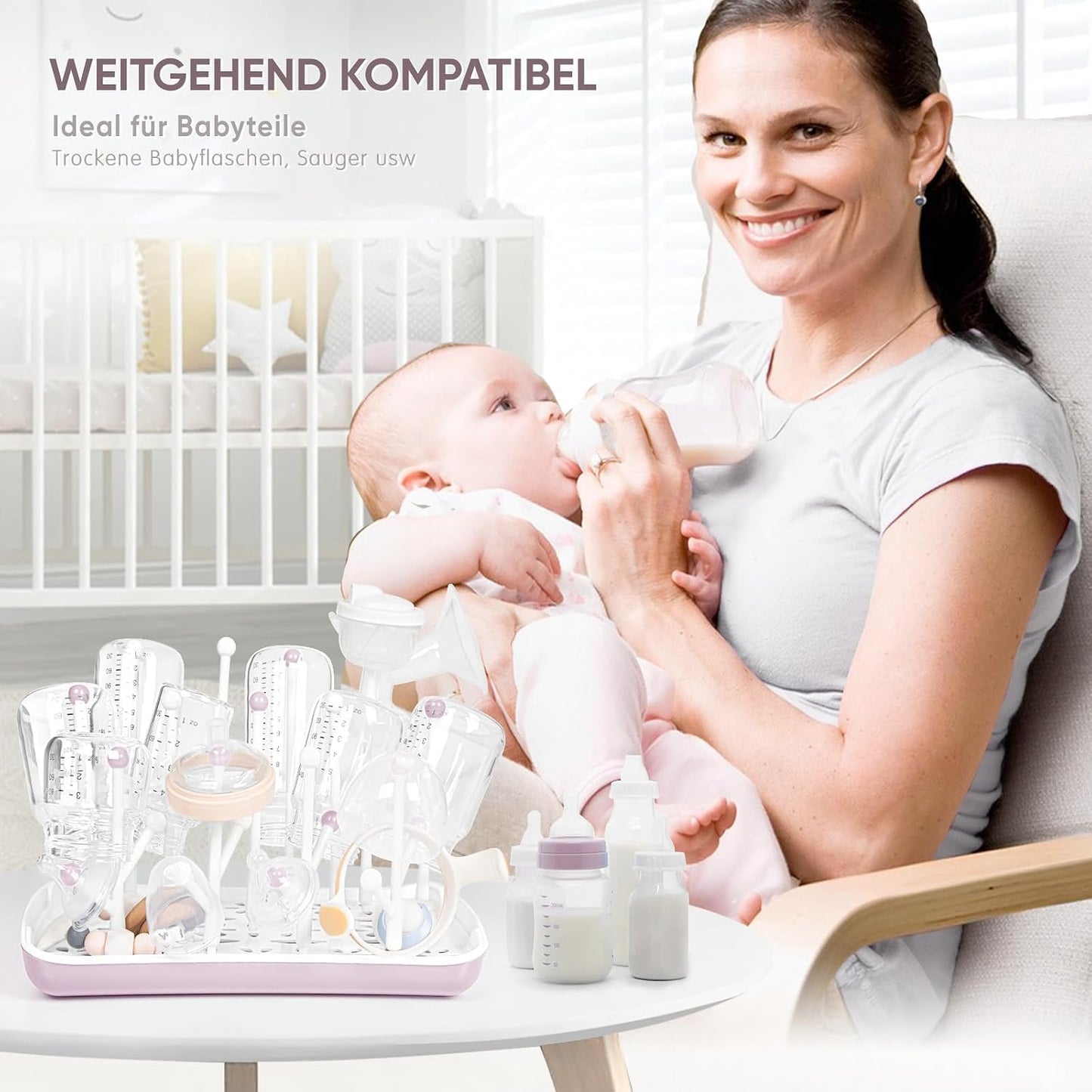 Trockenständer für Babyflaschen mit Abtropfschale, Rosa