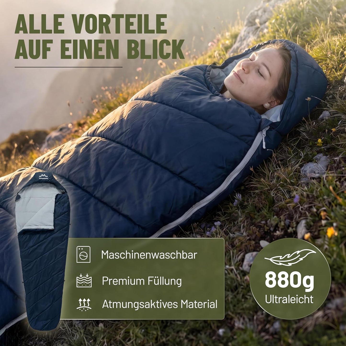 Ultraleichter Sommerschlafsack, Marineblau/ Grau innen