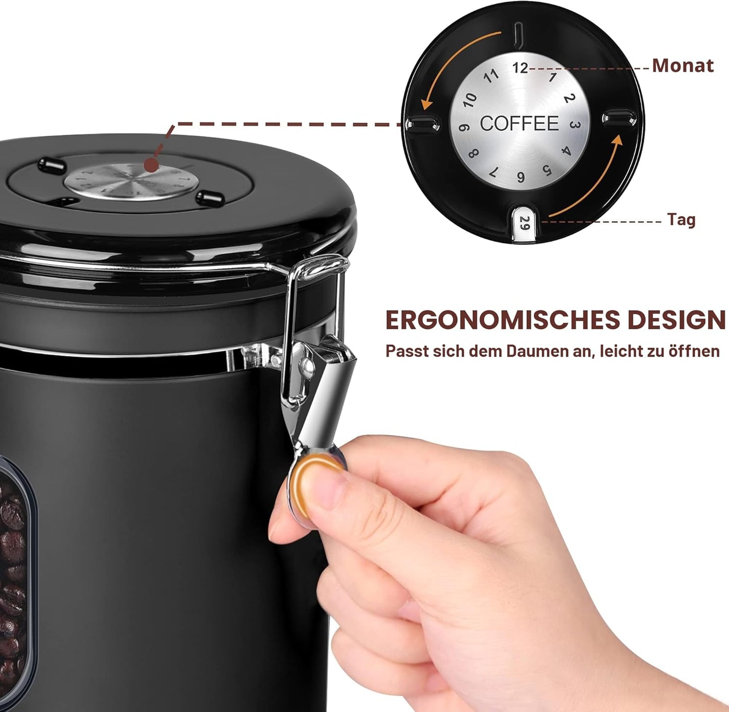Luftdichte Kaffeedose mit Datumsanzeige, 1.8L-Black