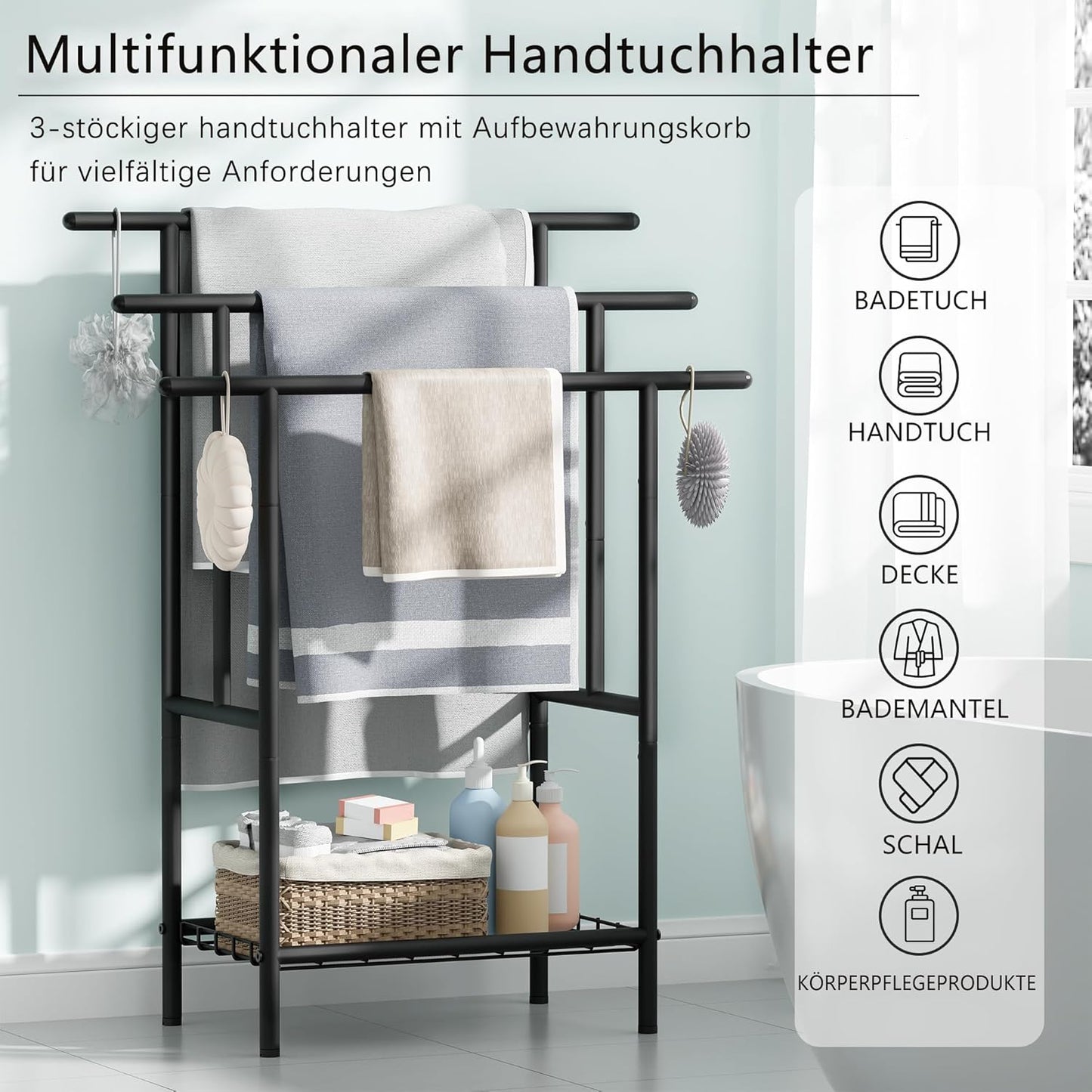 Handtuchständer mit 3 Stangen und Ablagen