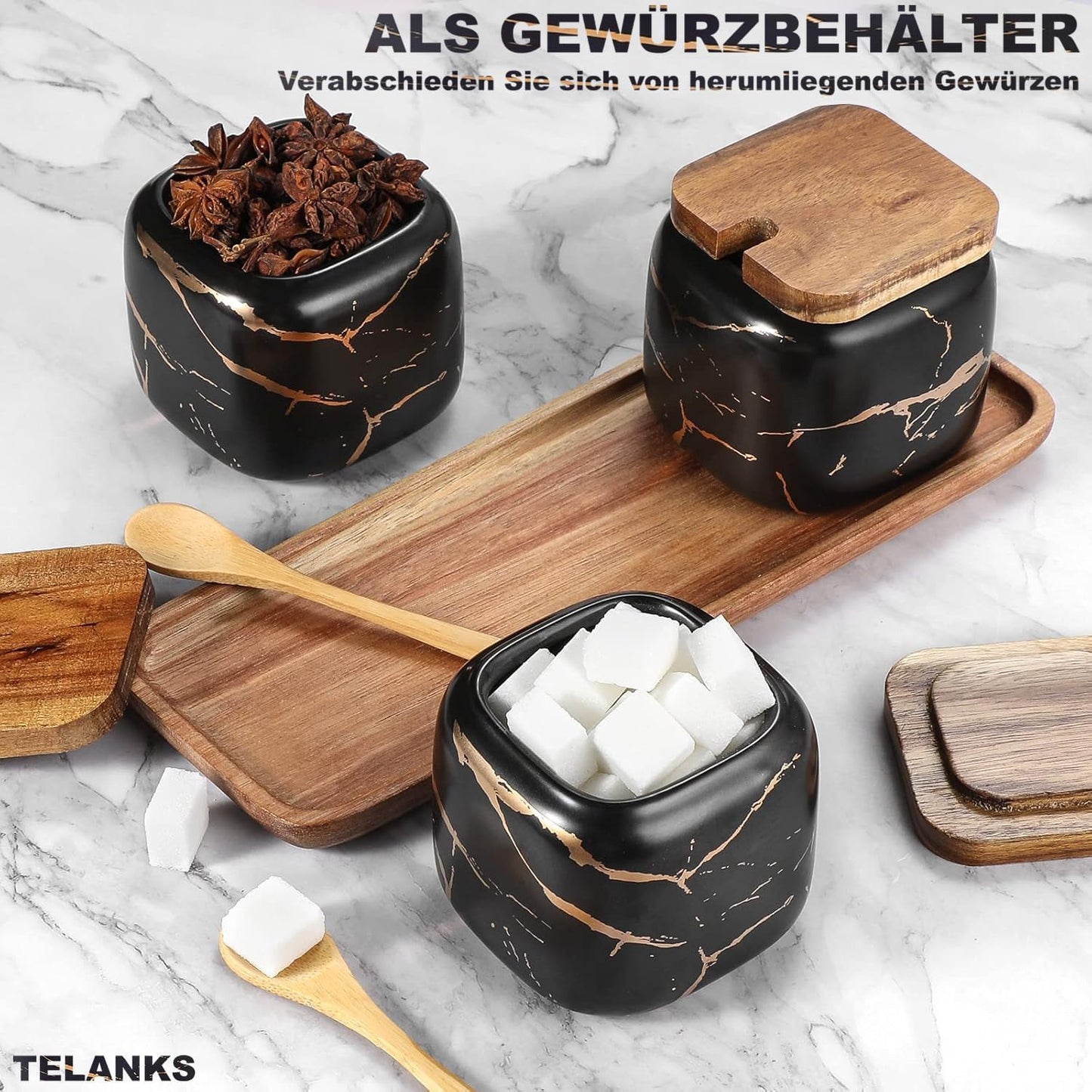 3-teiliges Zuckerdosen-Set mit Löffeln, Schwarzes