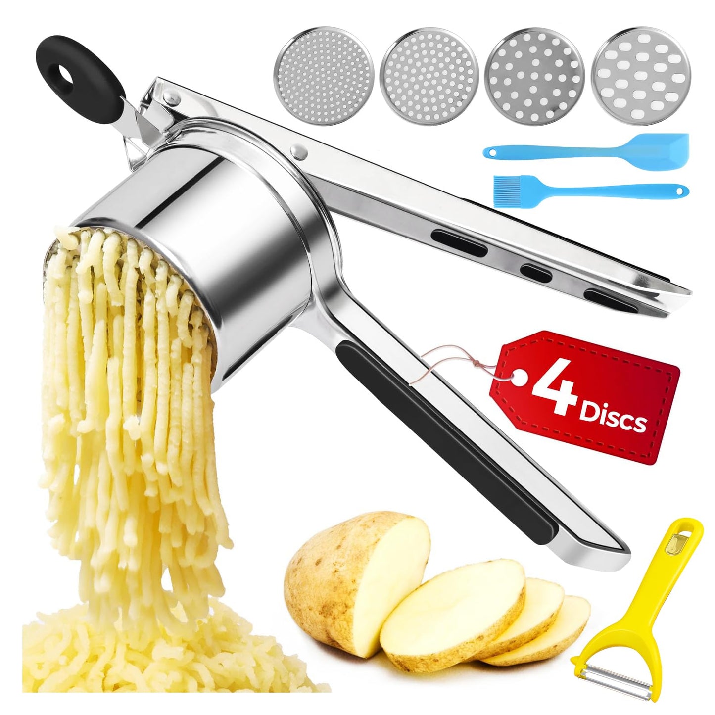 Kartoffelpresse mit 4 Schneidplatten und Zubehör