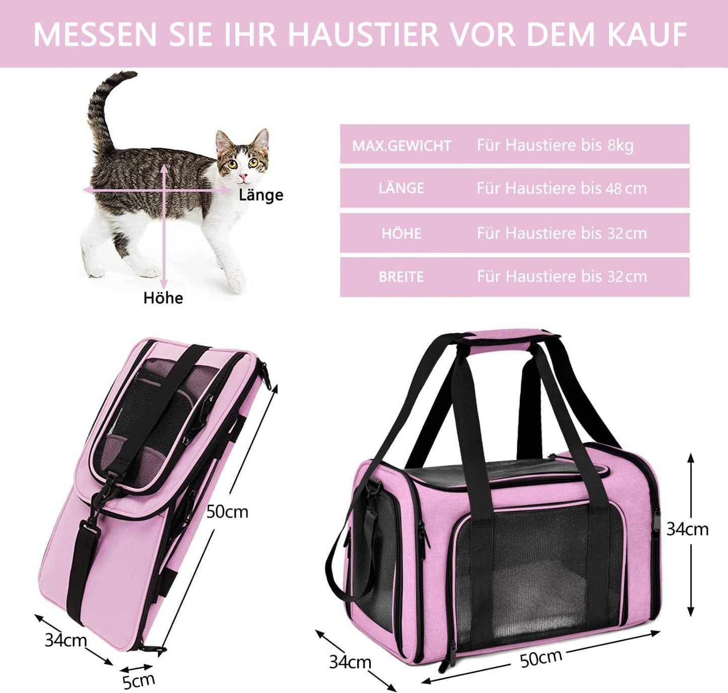 Transporttasche für Katzen, 50 x 34 x 34cm| Rosa