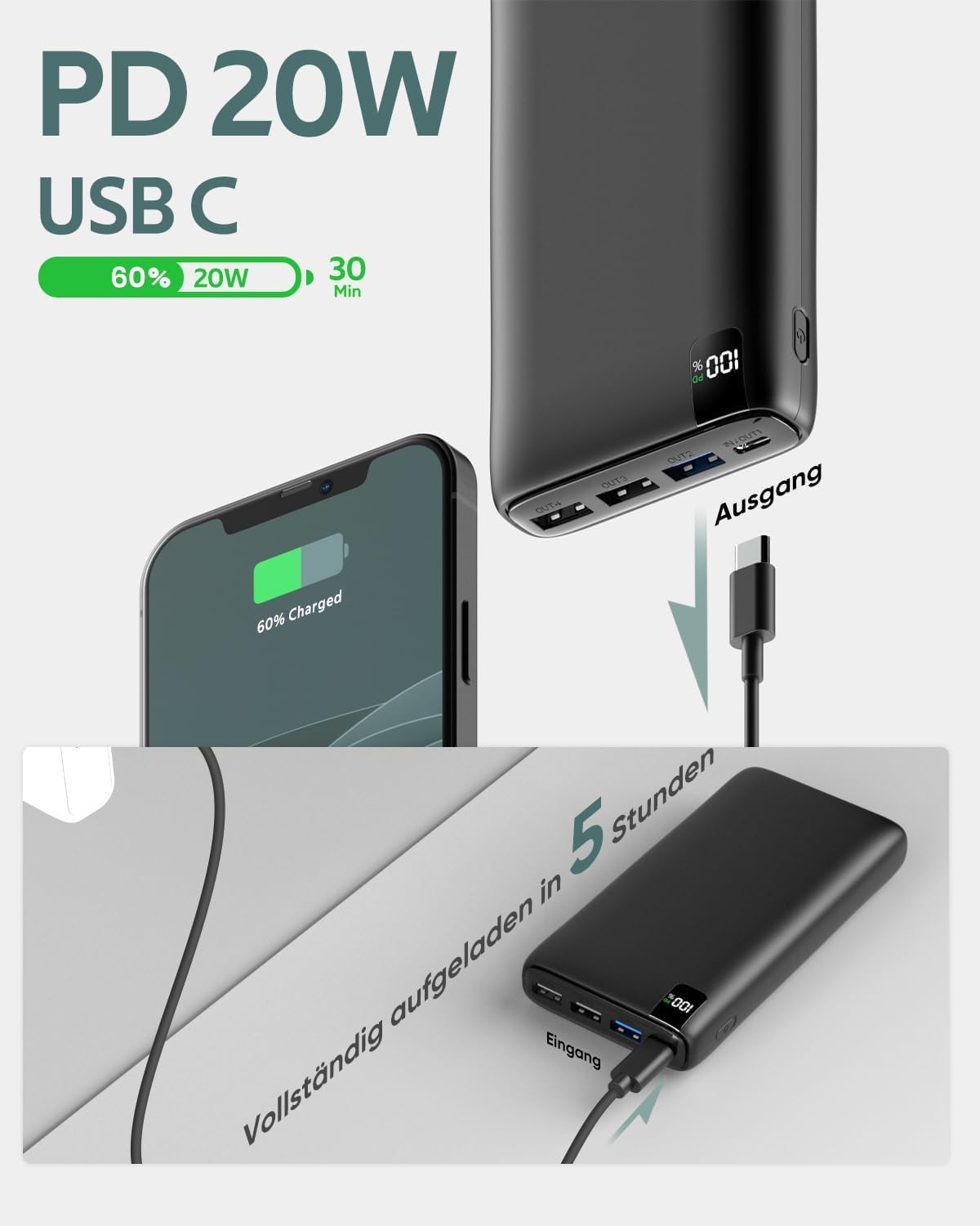 Powerbank 26800mAh mit Schnellladefunktion, Schwarz
